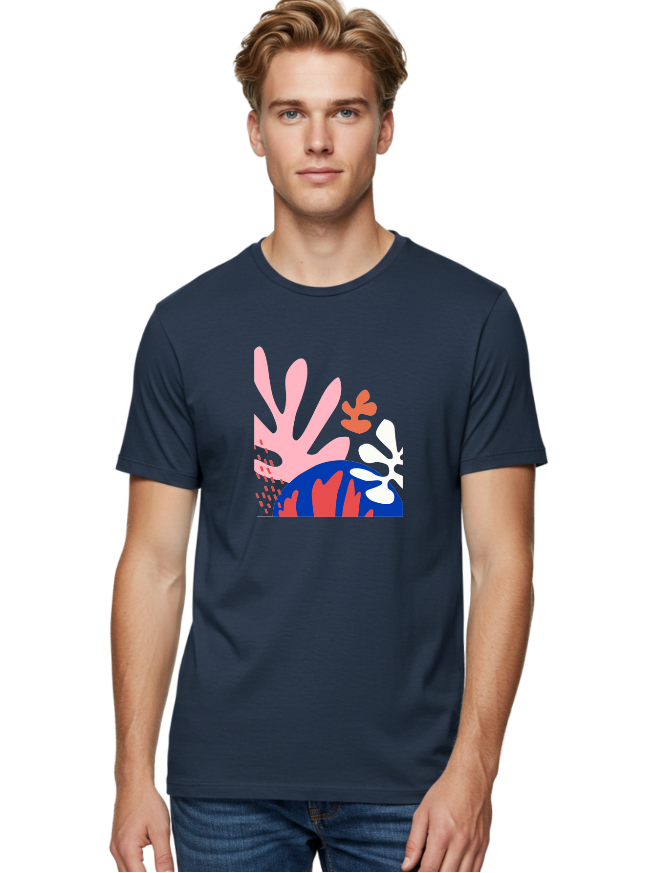 Abstract-Art Men'S Graphic Tee, 100% Cotton, Comfortable Casual Summer Wear, Machine Washable, Abstract Floral Design, Vibrant Colors, Playful Patterns, Blue And Red Globe, Pink Background, Yellow Rectangle, Modern Art, Creative Graphic Aab600 28