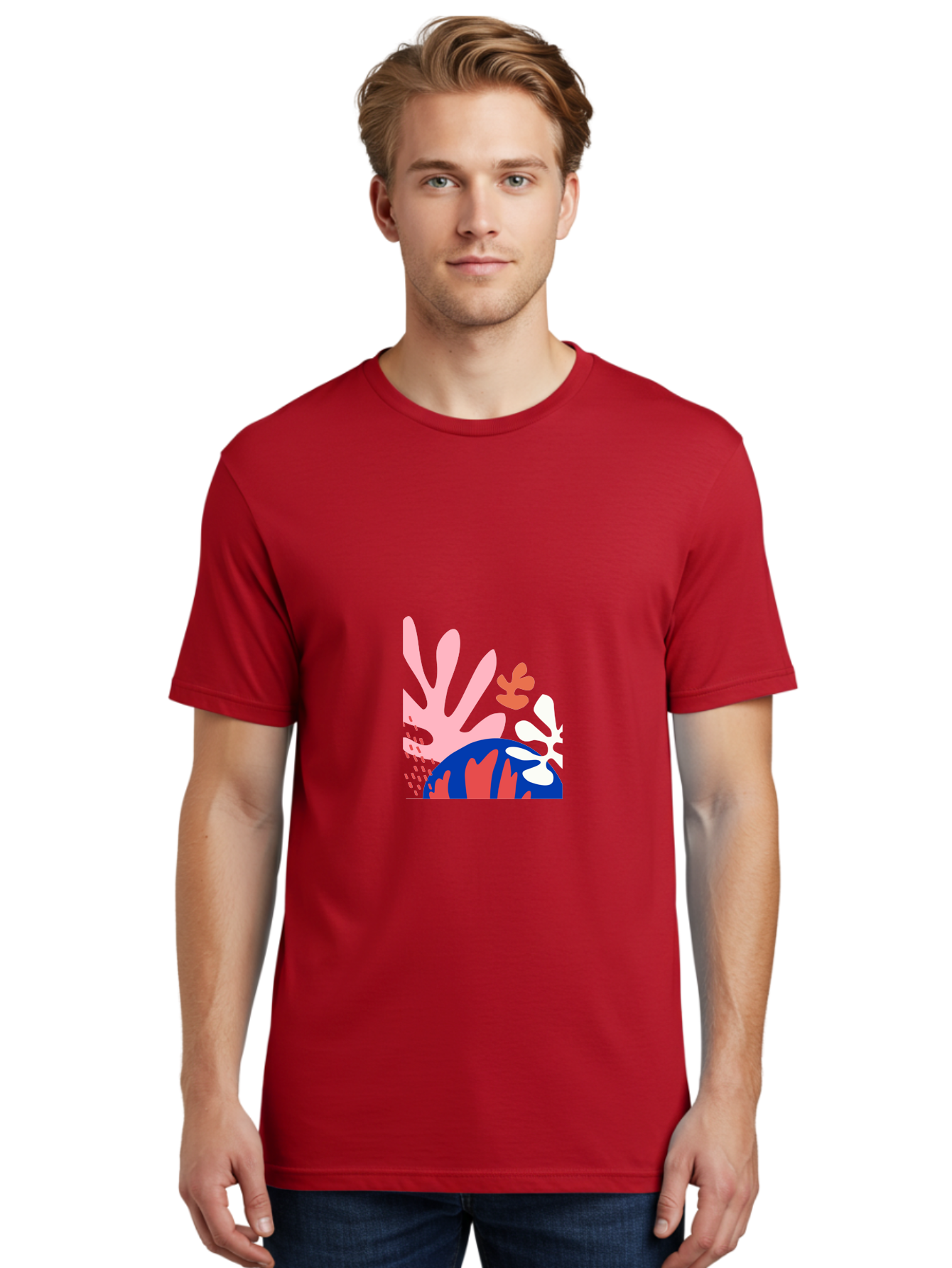 Abstract-Art Men'S Graphic Tee, 100% Cotton, Comfortable Casual Summer Wear, Machine Washable, Abstract Floral Design, Vibrant Colors, Playful Patterns, Blue And Red Globe, Pink Background, Yellow Rectangle, Modern Art, Creative Graphic Aab600 6