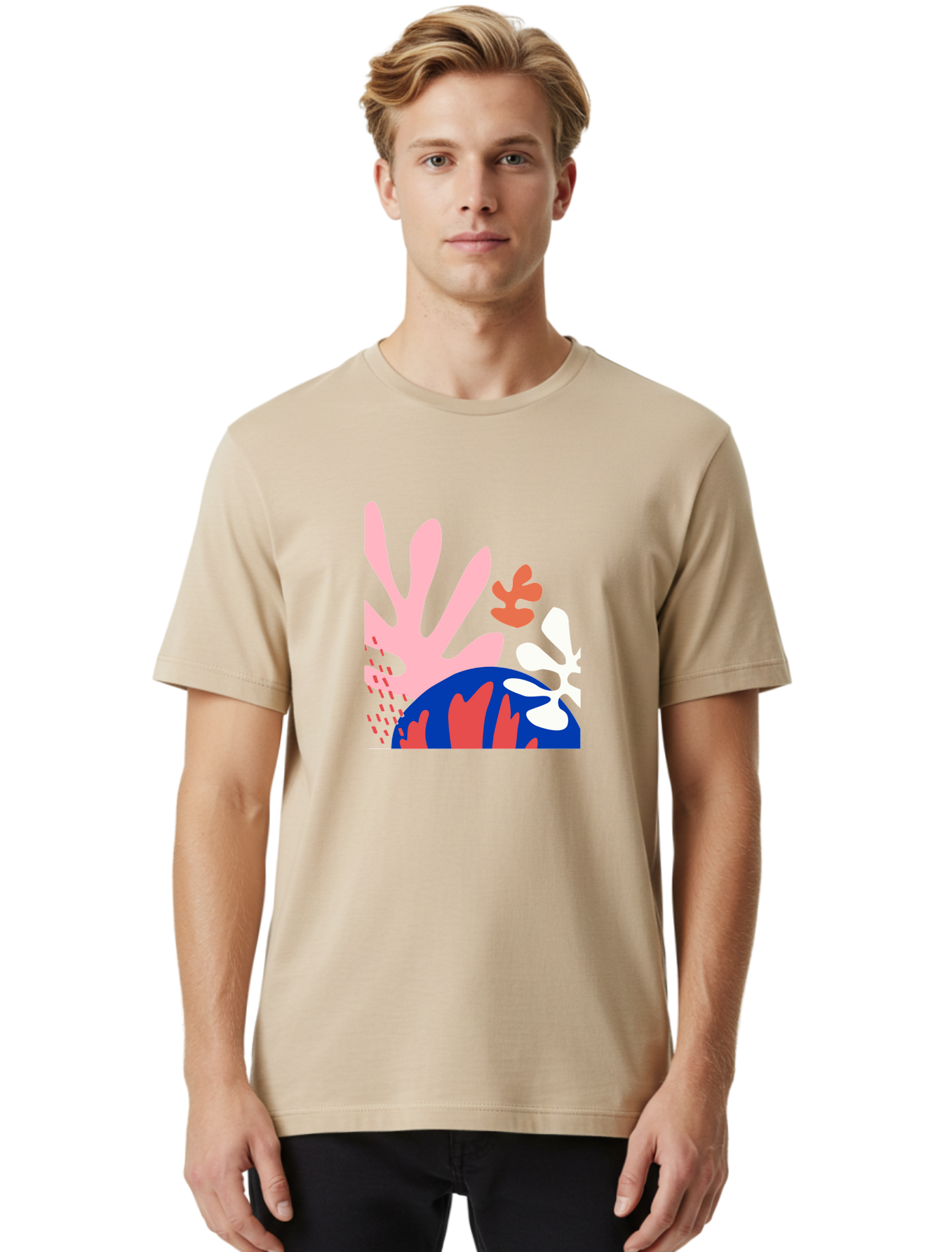 Abstract-Art Men'S Graphic Tee, 100% Cotton, Comfortable Casual Summer Wear, Machine Washable, Abstract Floral Design, Vibrant Colors, Playful Patterns, Blue And Red Globe, Pink Background, Yellow Rectangle, Modern Art, Creative Graphic Aab600 20