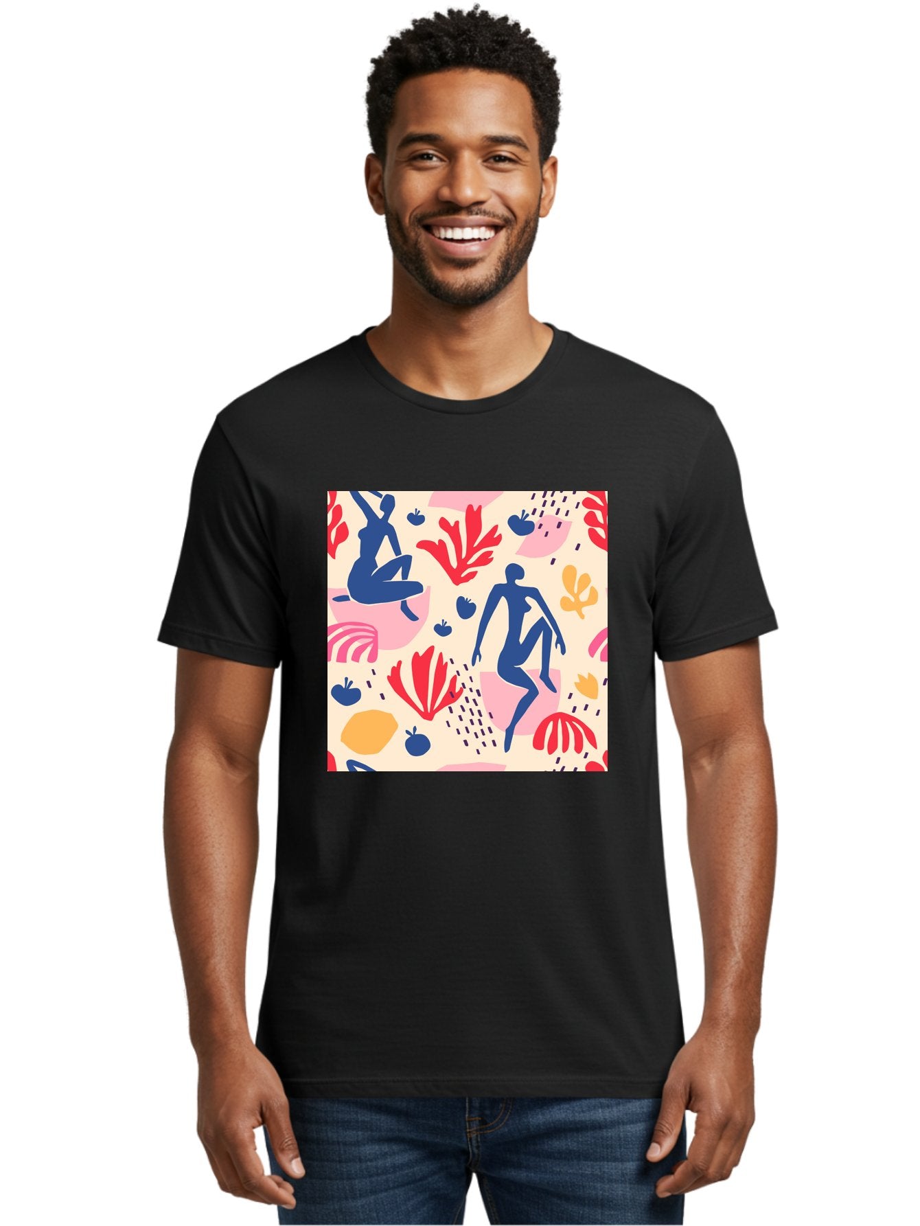 Abstract-Figures Men'S Graphic Tee, 100% Cotton, Comfortable Casual Summer Wear, Machine Washable, Blue Silhouettes Dancing, Abstract Floral Pattern, Vibrant Colors, Dynamic Movement, Playful Atmosphere, Modern Art, Colorful Design, Aab601 18
