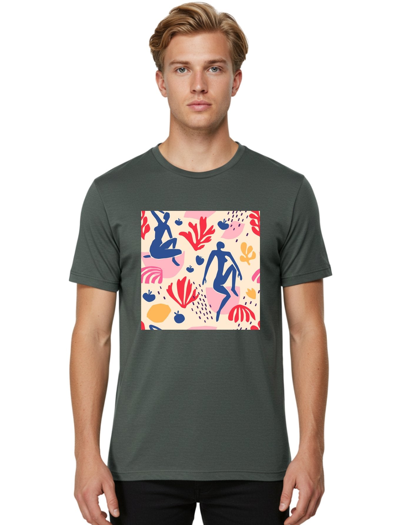 Abstract-Figures Men'S Graphic Tee, 100% Cotton, Comfortable Casual Summer Wear, Machine Washable, Blue Silhouettes Dancing, Abstract Floral Pattern, Vibrant Colors, Dynamic Movement, Playful Atmosphere, Modern Art, Colorful Design, Aab601 30
