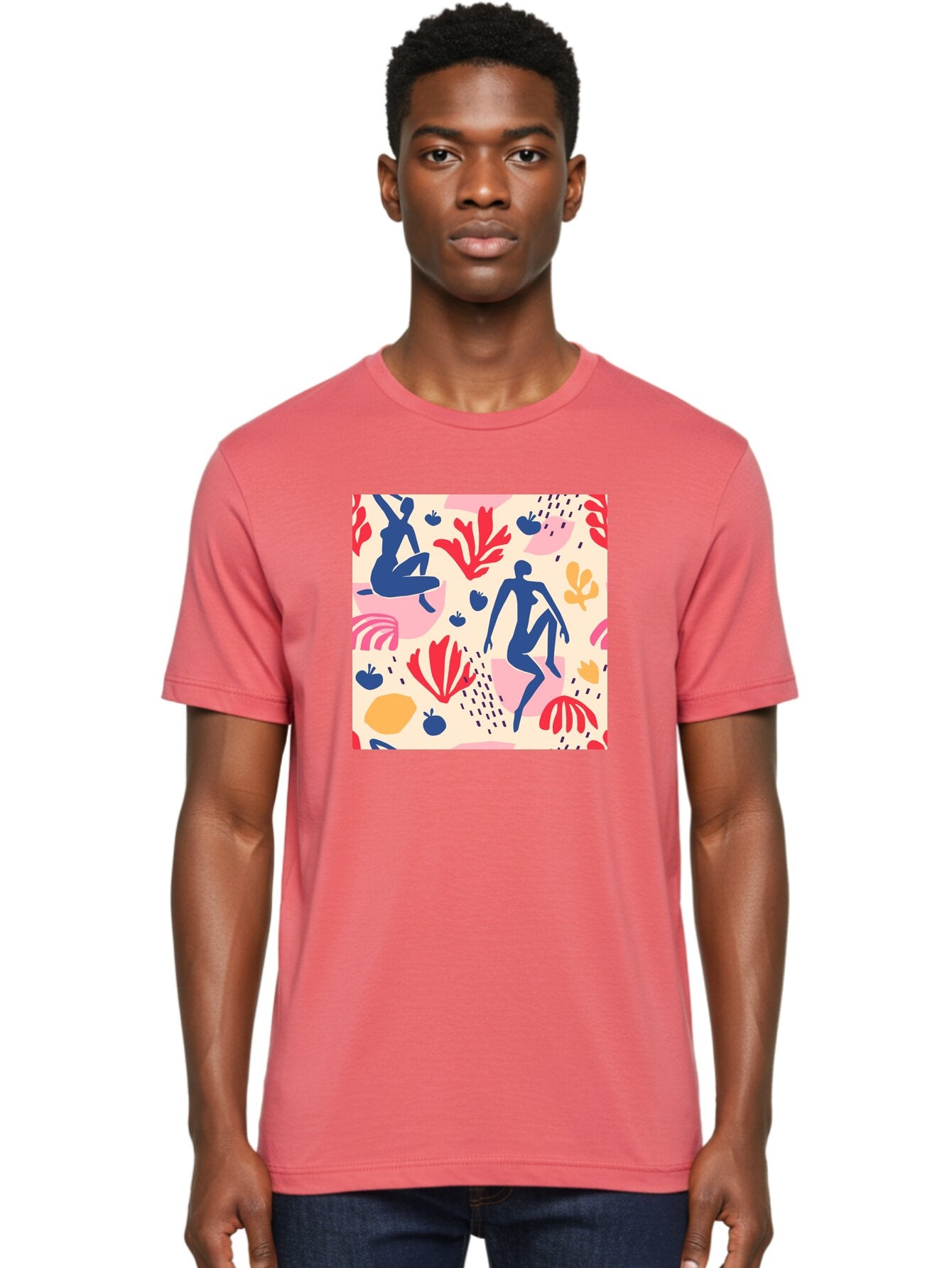 Abstract-Figures Men'S Graphic Tee, 100% Cotton, Comfortable Casual Summer Wear, Machine Washable, Blue Silhouettes Dancing, Abstract Floral Pattern, Vibrant Colors, Dynamic Movement, Playful Atmosphere, Modern Art, Colorful Design, Aab601 25