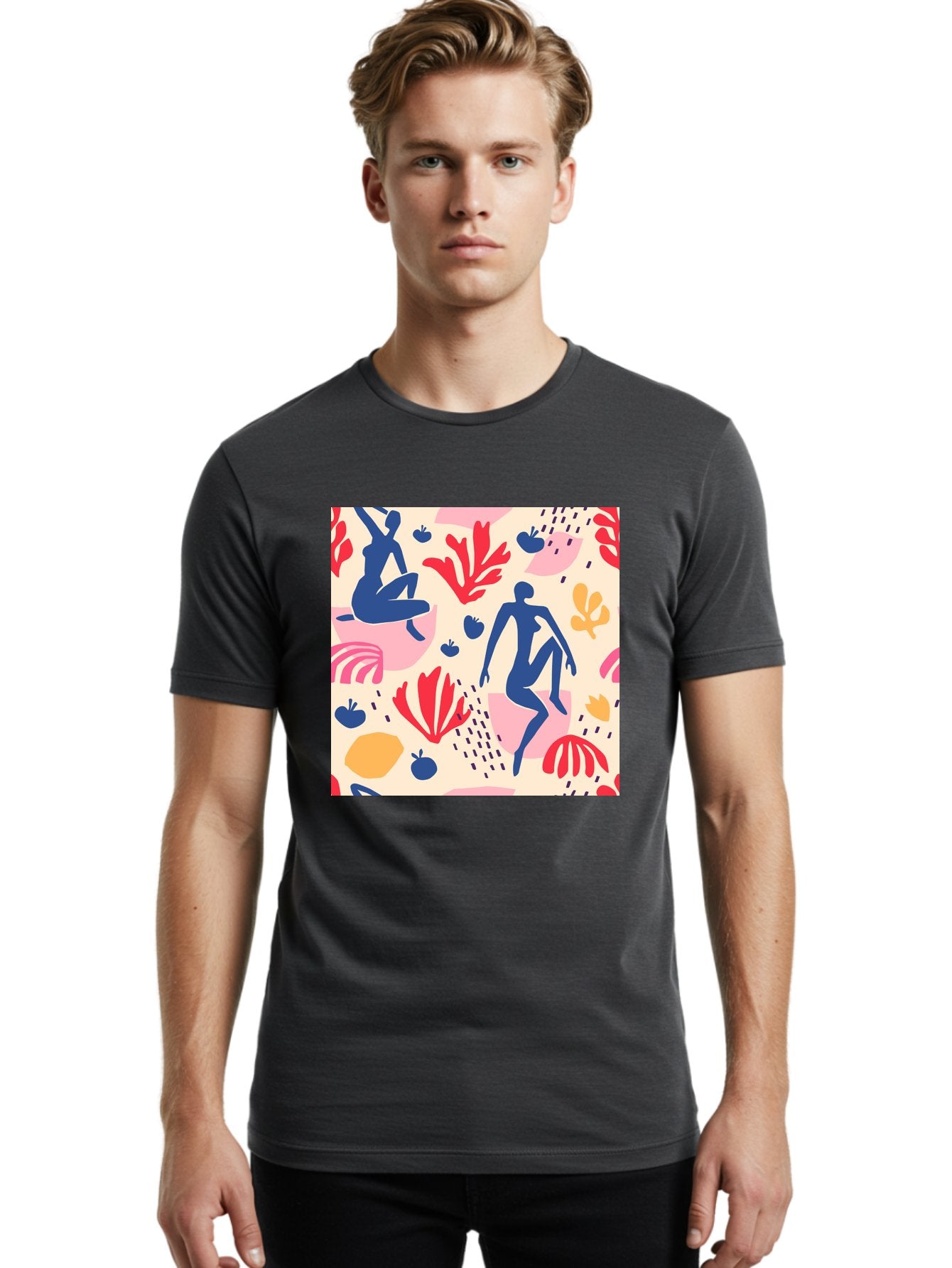 Abstract-Figures Men'S Graphic Tee, 100% Cotton, Comfortable Casual Summer Wear, Machine Washable, Blue Silhouettes Dancing, Abstract Floral Pattern, Vibrant Colors, Dynamic Movement, Playful Atmosphere, Modern Art, Colorful Design, Aab601 27