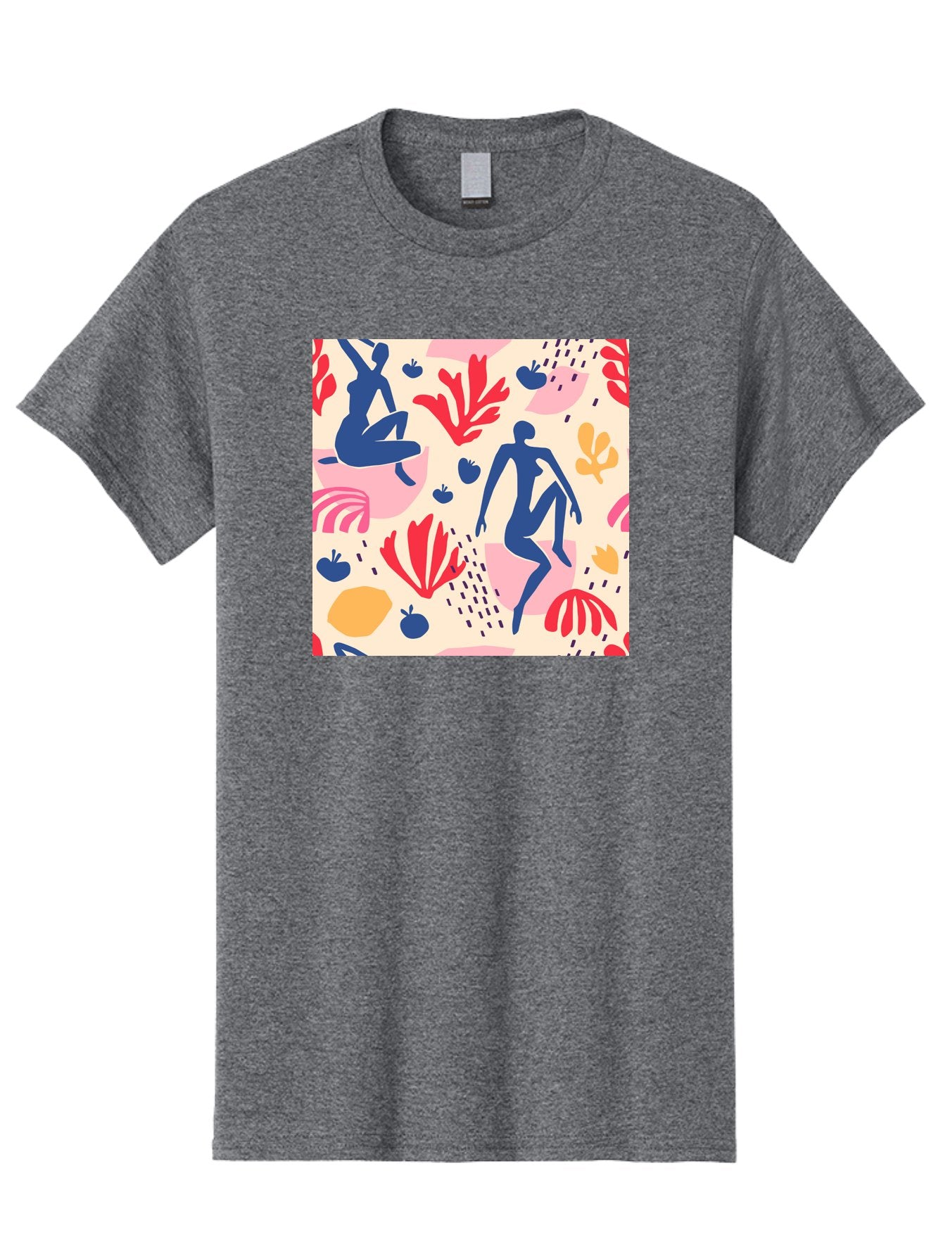 Abstract-Figures Men'S Graphic Tee, 100% Cotton, Comfortable Casual Summer Wear, Machine Washable, Blue Silhouettes Dancing, Abstract Floral Pattern, Vibrant Colors, Dynamic Movement, Playful Atmosphere, Modern Art, Colorful Design, Aab601 12