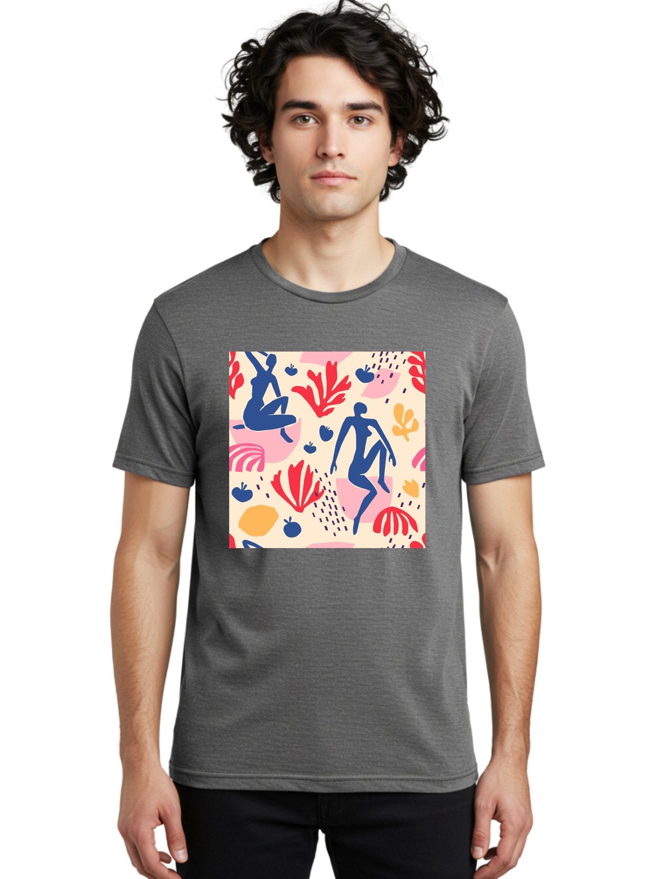 Abstract-Figures Men'S Graphic Tee, 100% Cotton, Comfortable Casual Summer Wear, Machine Washable, Blue Silhouettes Dancing, Abstract Floral Pattern, Vibrant Colors, Dynamic Movement, Playful Atmosphere, Modern Art, Colorful Design, Aab601 28