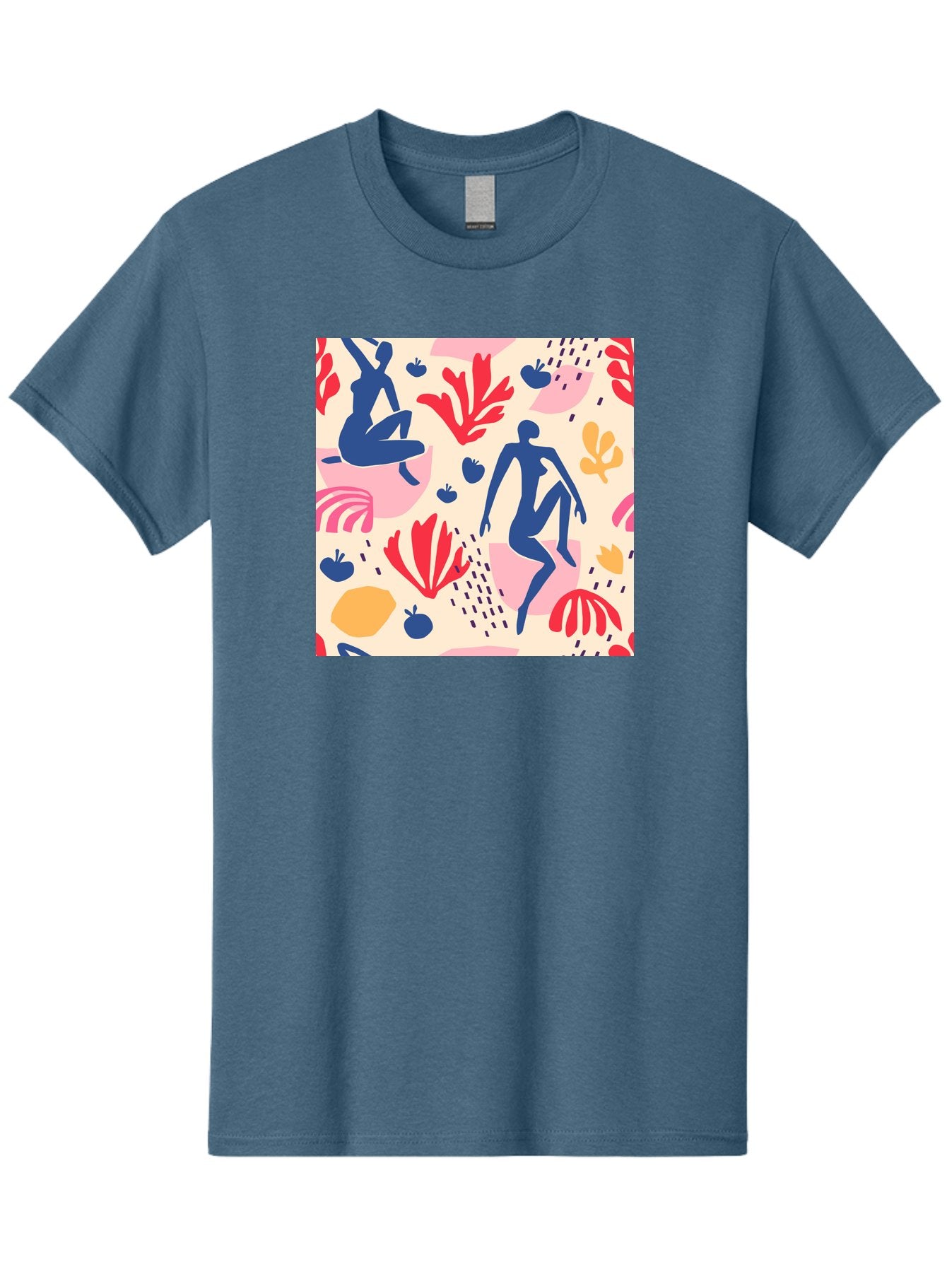 Abstract-Figures Men'S Graphic Tee, 100% Cotton, Comfortable Casual Summer Wear, Machine Washable, Blue Silhouettes Dancing, Abstract Floral Pattern, Vibrant Colors, Dynamic Movement, Playful Atmosphere, Modern Art, Colorful Design, Aab601 6