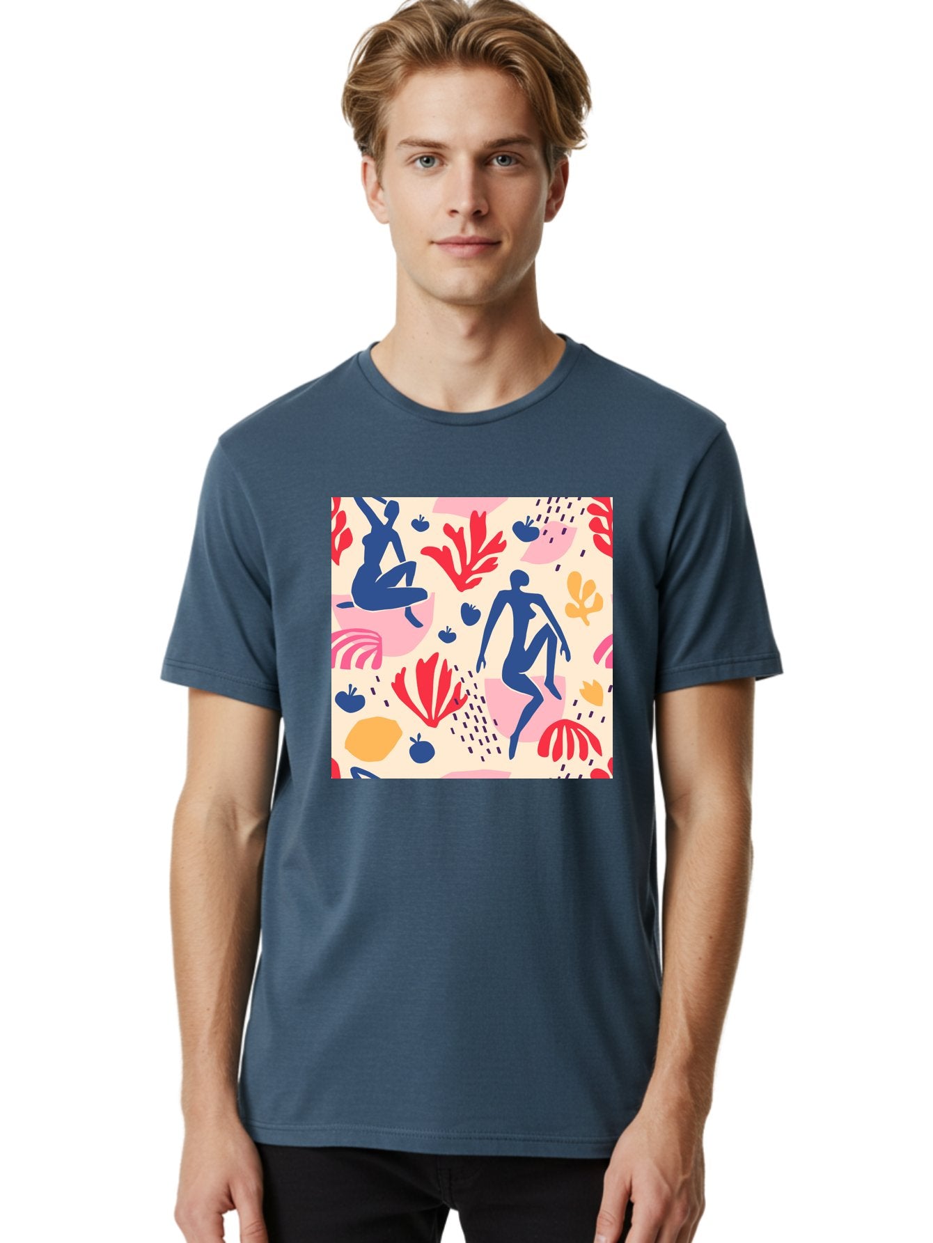 Abstract-Figures Men'S Graphic Tee, 100% Cotton, Comfortable Casual Summer Wear, Machine Washable, Blue Silhouettes Dancing, Abstract Floral Pattern, Vibrant Colors, Dynamic Movement, Playful Atmosphere, Modern Art, Colorful Design, Aab601 24