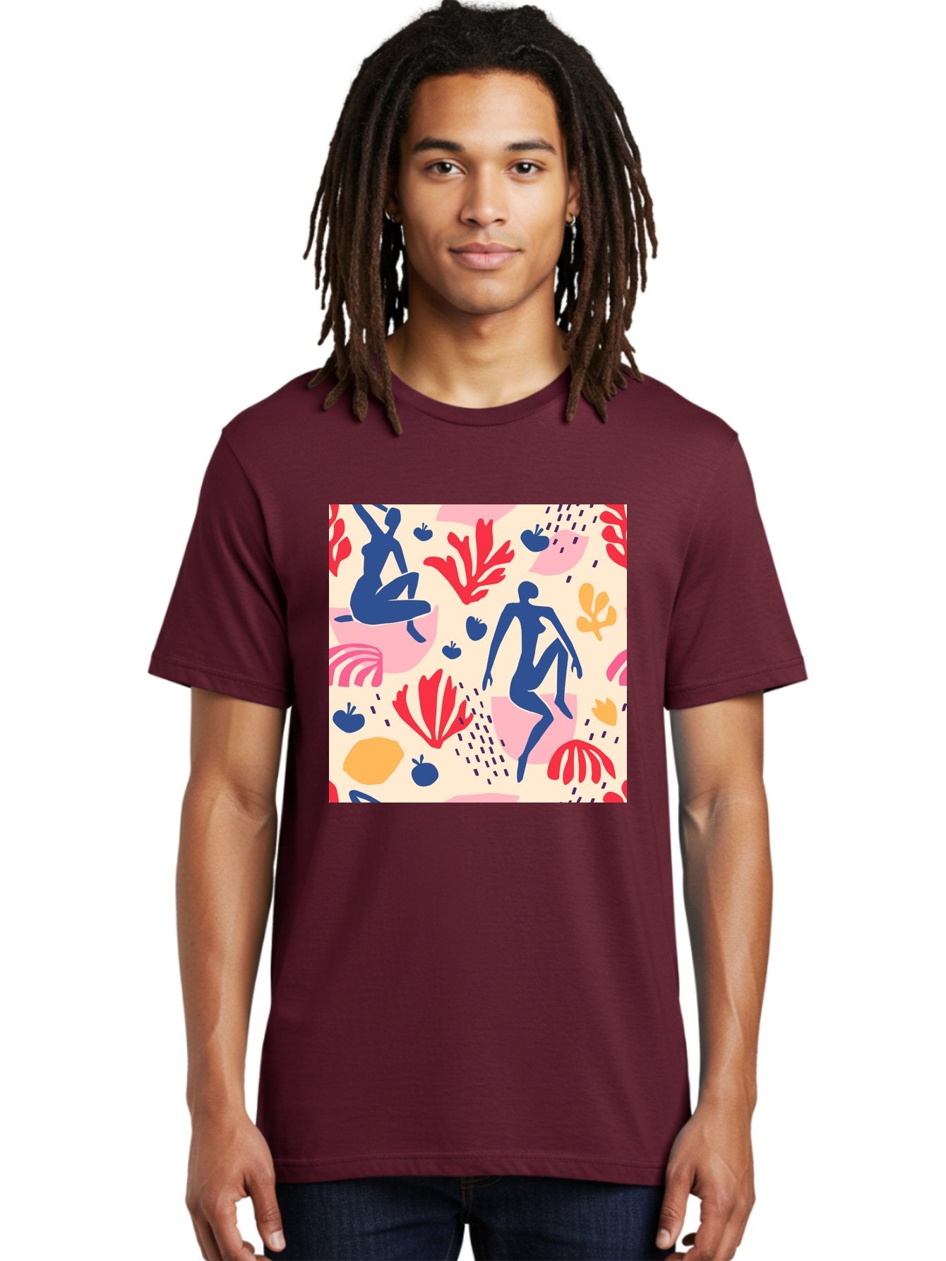 Abstract-Figures Men'S Graphic Tee, 100% Cotton, Comfortable Casual Summer Wear, Machine Washable, Blue Silhouettes Dancing, Abstract Floral Pattern, Vibrant Colors, Dynamic Movement, Playful Atmosphere, Modern Art, Colorful Design, Aab601 23