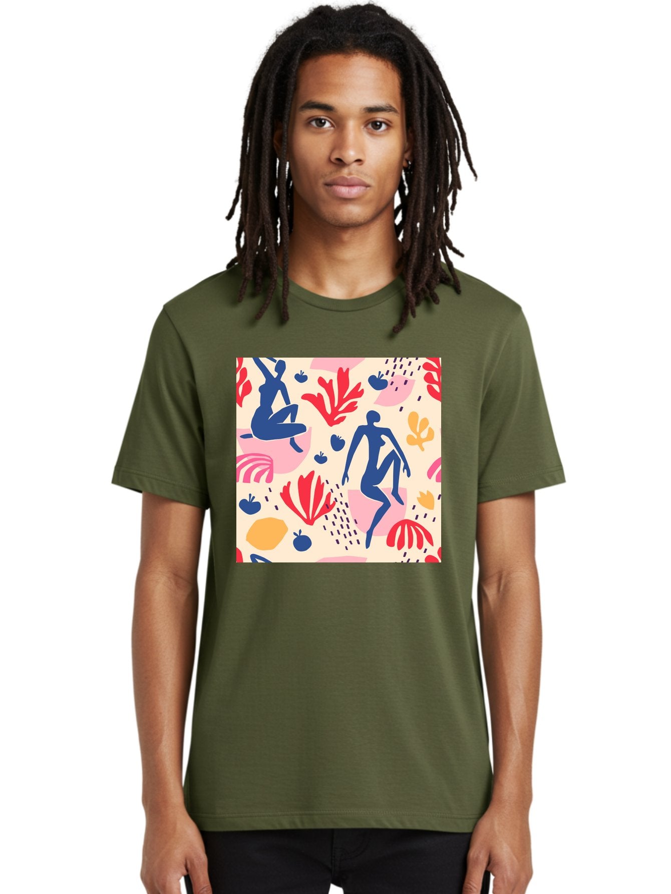 Abstract-Figures Men'S Graphic Tee, 100% Cotton, Comfortable Casual Summer Wear, Machine Washable, Blue Silhouettes Dancing, Abstract Floral Pattern, Vibrant Colors, Dynamic Movement, Playful Atmosphere, Modern Art, Colorful Design, Aab601 20