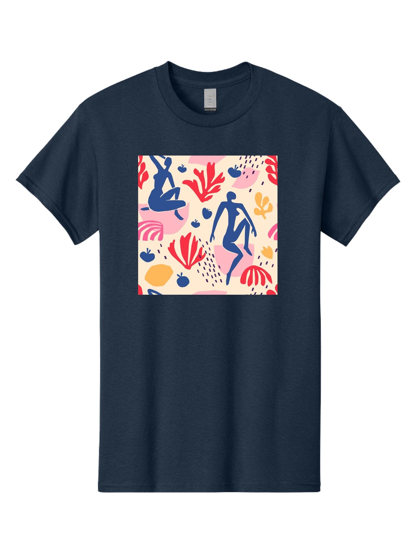 Abstract-Figures Men'S Graphic Tee, 100% Cotton, Comfortable Casual Summer Wear, Machine Washable, Blue Silhouettes Dancing, Abstract Floral Pattern, Vibrant Colors, Dynamic Movement, Playful Atmosphere, Modern Art, Colorful Design, Aab601 3
