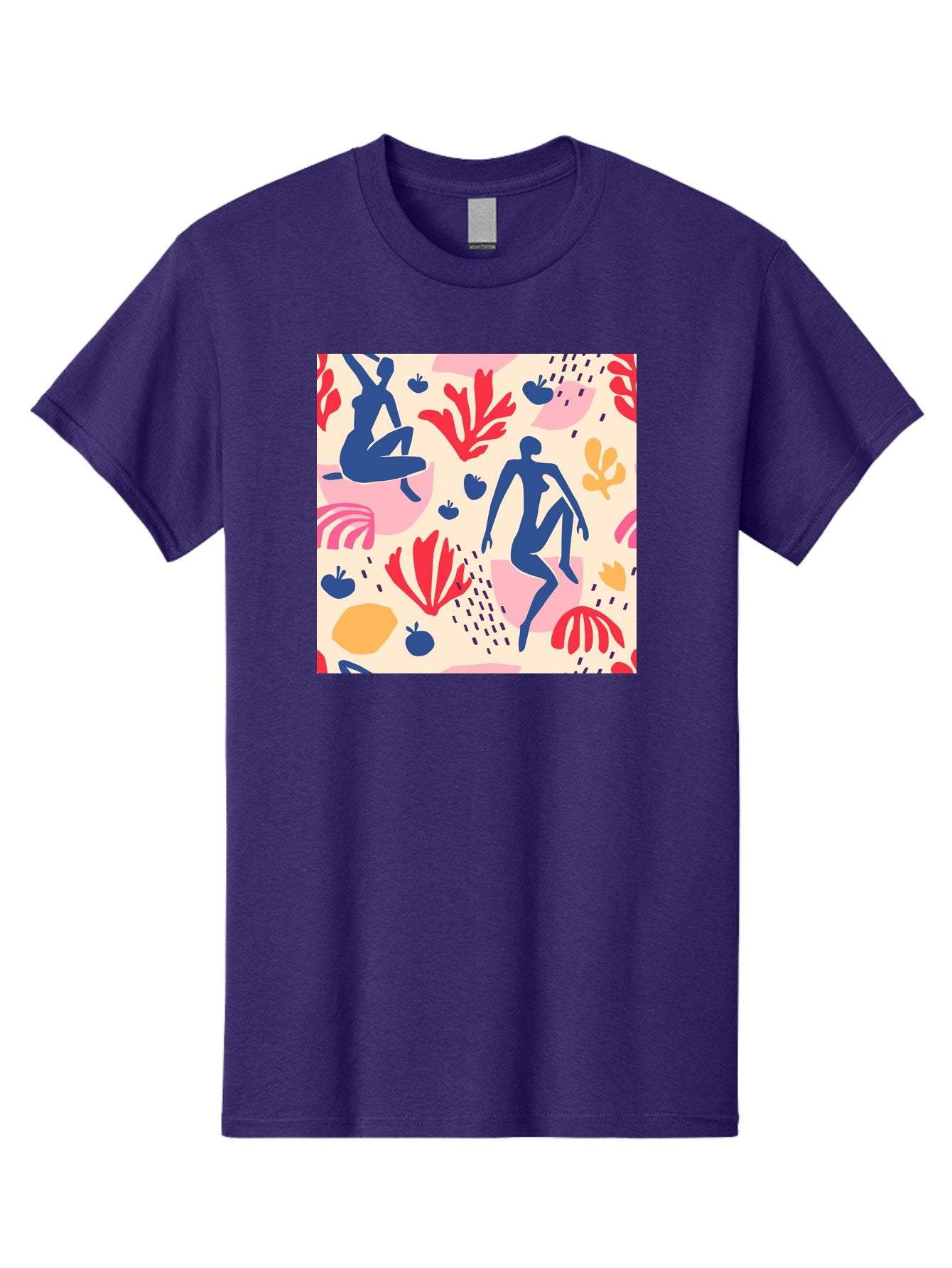 Abstract-Figures Men'S Graphic Tee, 100% Cotton, Comfortable Casual Summer Wear, Machine Washable, Blue Silhouettes Dancing, Abstract Floral Pattern, Vibrant Colors, Dynamic Movement, Playful Atmosphere, Modern Art, Colorful Design, Aab601