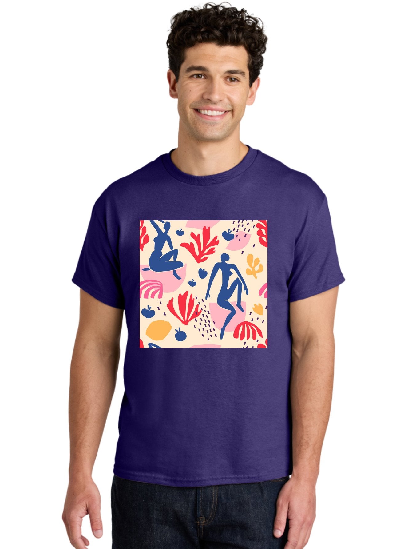 Abstract-Figures Men'S Graphic Tee, 100% Cotton, Comfortable Casual Summer Wear, Machine Washable, Blue Silhouettes Dancing, Abstract Floral Pattern, Vibrant Colors, Dynamic Movement, Playful Atmosphere, Modern Art, Colorful Design, Aab601 21