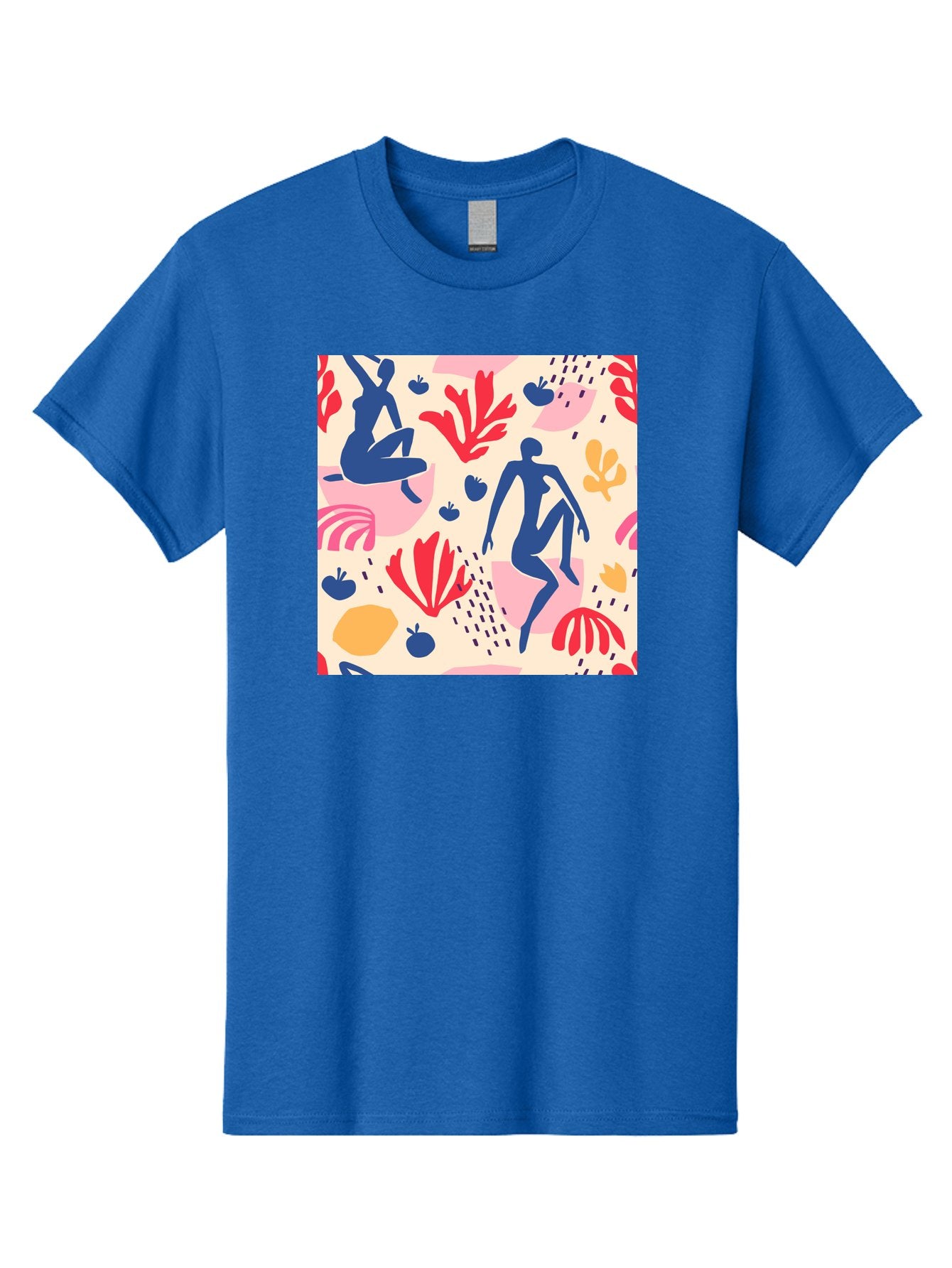 Abstract-Figures Men'S Graphic Tee, 100% Cotton, Comfortable Casual Summer Wear, Machine Washable, Blue Silhouettes Dancing, Abstract Floral Pattern, Vibrant Colors, Dynamic Movement, Playful Atmosphere, Modern Art, Colorful Design, Aab601