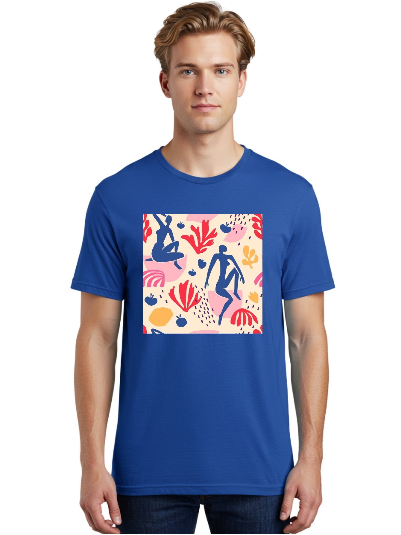 Abstract-Figures Men'S Graphic Tee, 100% Cotton, Comfortable Casual Summer Wear, Machine Washable, Blue Silhouettes Dancing, Abstract Floral Pattern, Vibrant Colors, Dynamic Movement, Playful Atmosphere, Modern Art, Colorful Design, Aab601 19