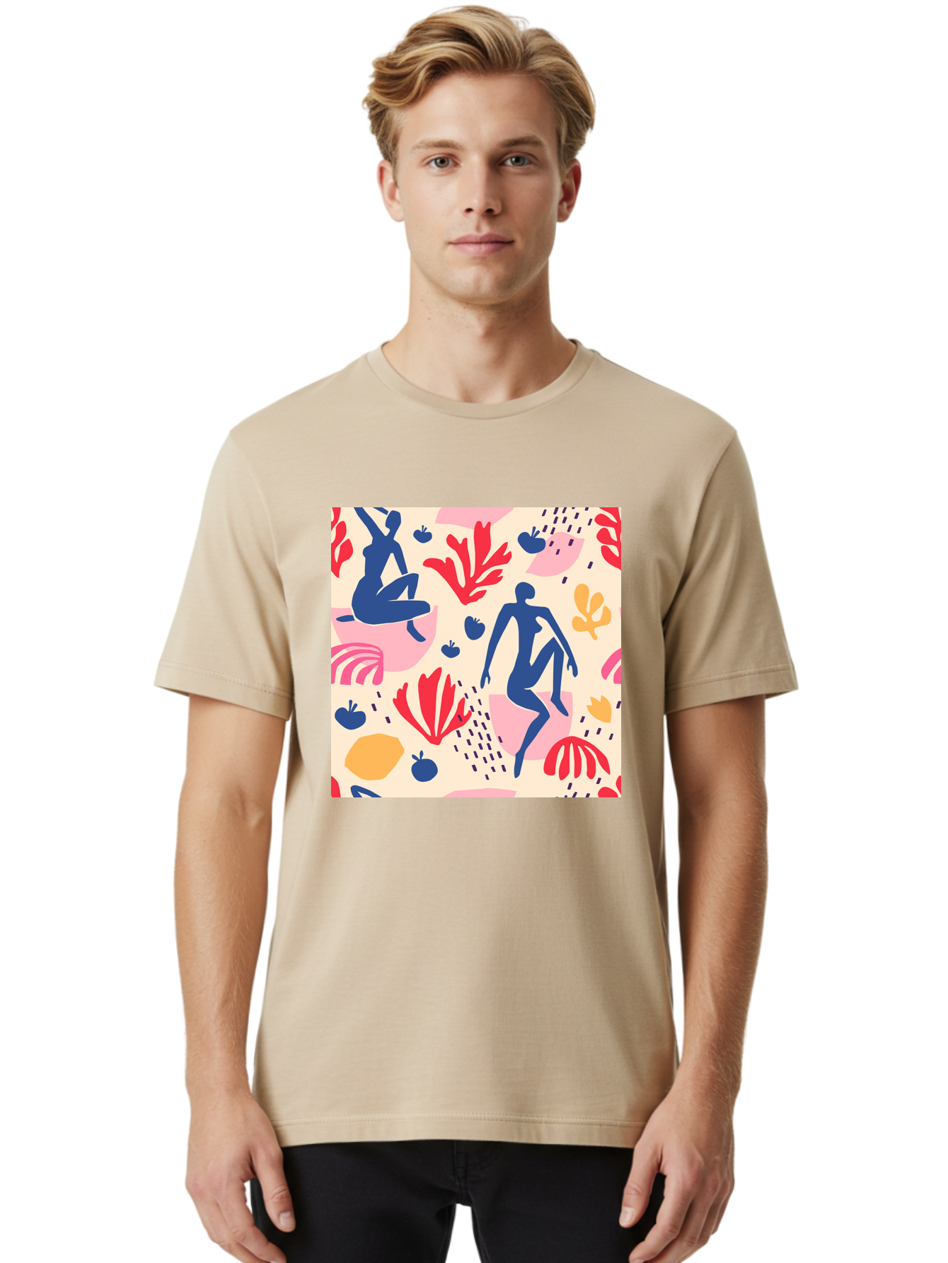 Abstract-Figures Men'S Graphic Tee, 100% Cotton, Comfortable Casual Summer Wear, Machine Washable, Blue Silhouettes Dancing, Abstract Floral Pattern, Vibrant Colors, Dynamic Movement, Playful Atmosphere, Modern Art, Colorful Design, Aab601 10