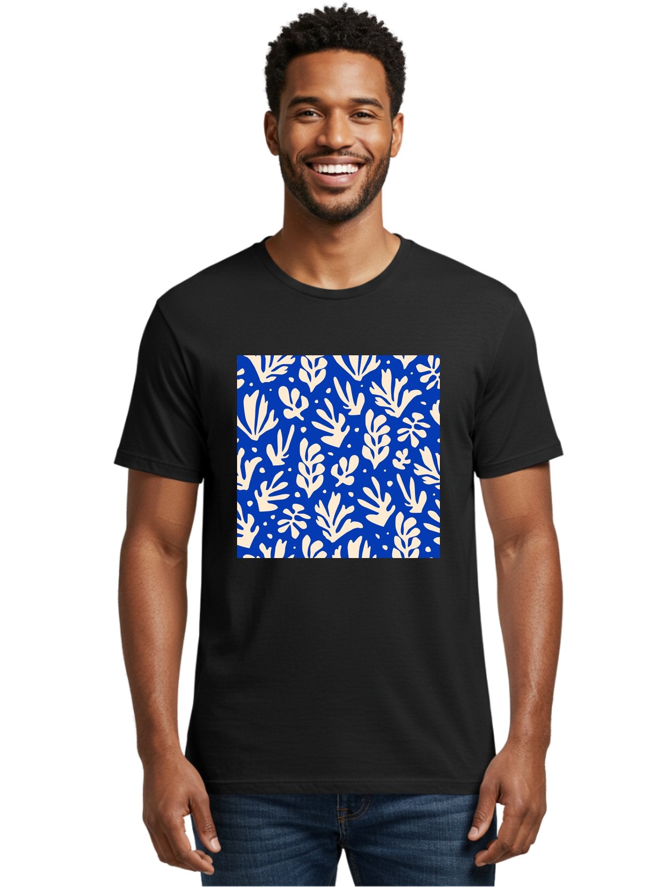 Blue-Floral-Pattern Men'S Graphic Tee, 100% Cotton, Comfortable Casual Summer Wear, Machine Washable, Floral Pattern, Leaf Design, Botanical Elements, Blue Background, Cream-Colored Flowers, Abstract Foliage, Repeating Design, Aab605 28