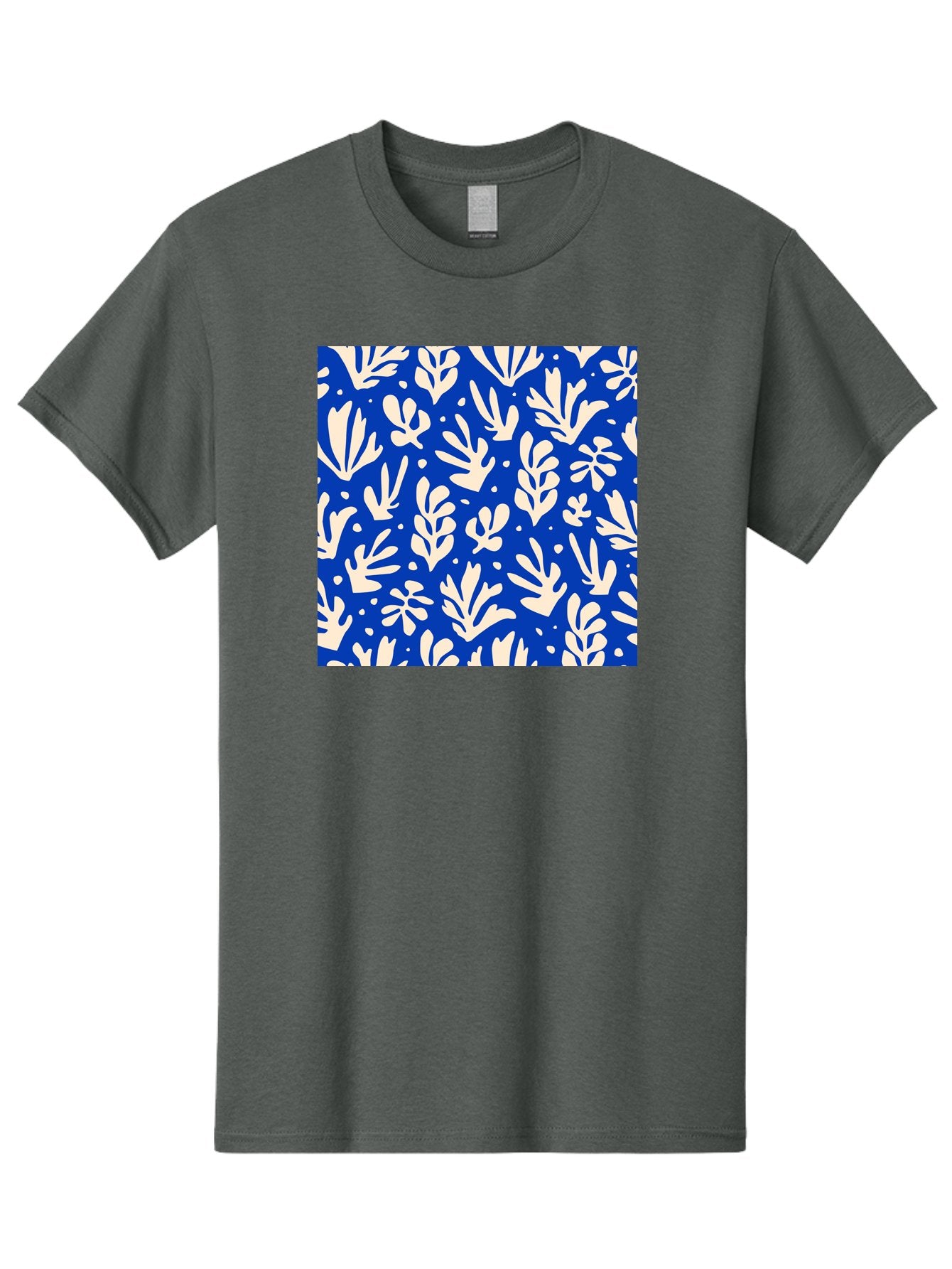 Blue-Floral-Pattern Men'S Graphic Tee, 100% Cotton, Comfortable Casual Summer Wear, Machine Washable, Floral Pattern, Leaf Design, Botanical Elements, Blue Background, Cream-Colored Flowers, Abstract Foliage, Repeating Design, Aab605 4