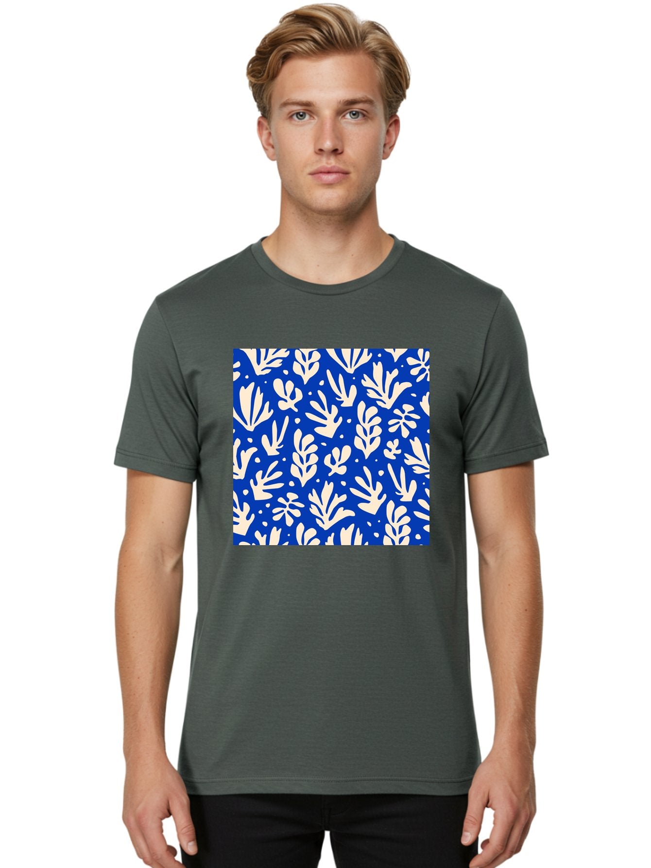 Blue-Floral-Pattern Men'S Graphic Tee, 100% Cotton, Comfortable Casual Summer Wear, Machine Washable, Floral Pattern, Leaf Design, Botanical Elements, Blue Background, Cream-Colored Flowers, Abstract Foliage, Repeating Design, Aab605 18