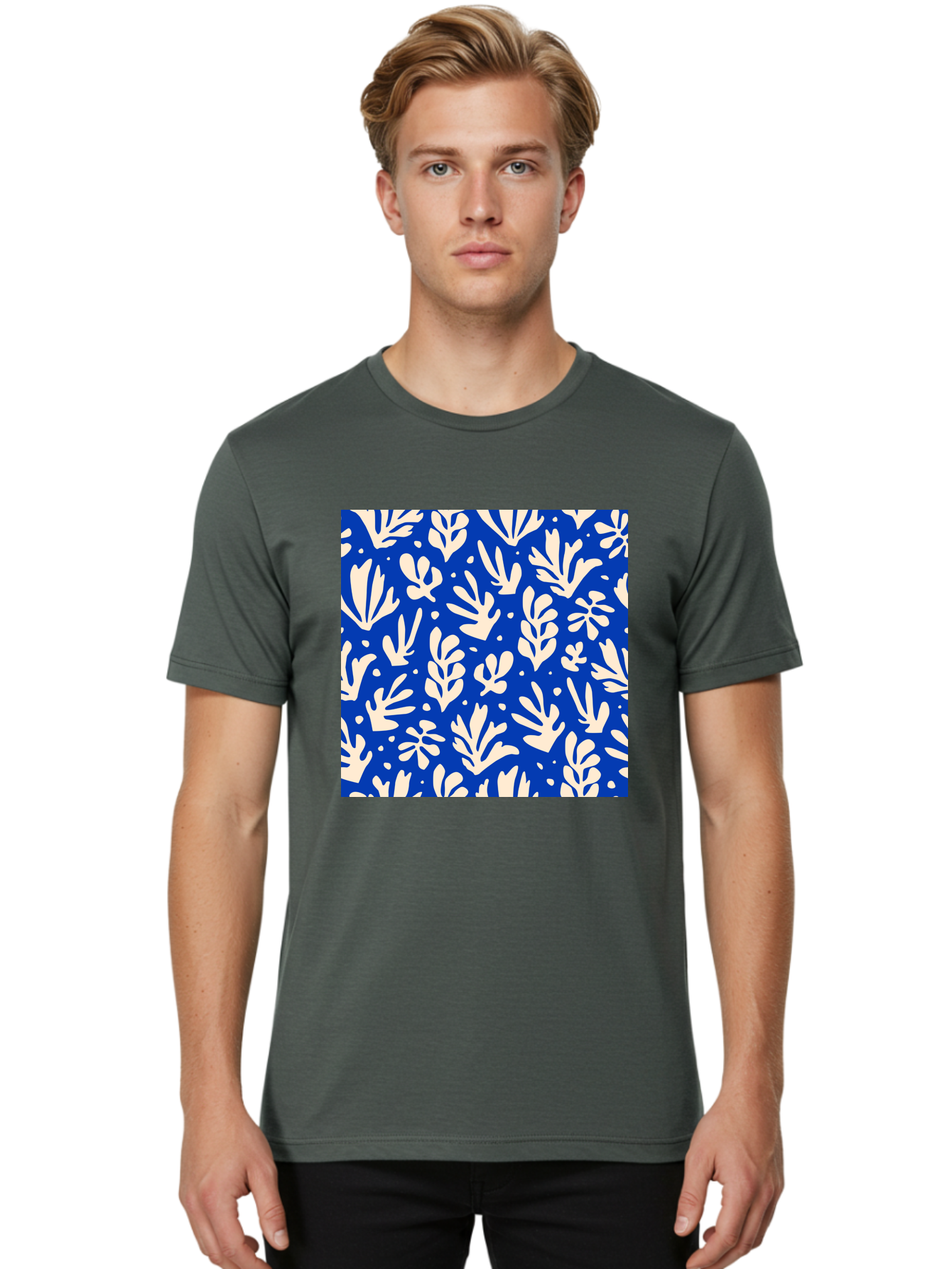 Blue-Floral-Pattern Men'S Graphic Tee, 100% Cotton, Comfortable Casual Summer Wear, Machine Washable, Floral Pattern, Leaf Design, Botanical Elements, Blue Background, Cream-Colored Flowers, Abstract Foliage, Repeating Design, Aab605 24