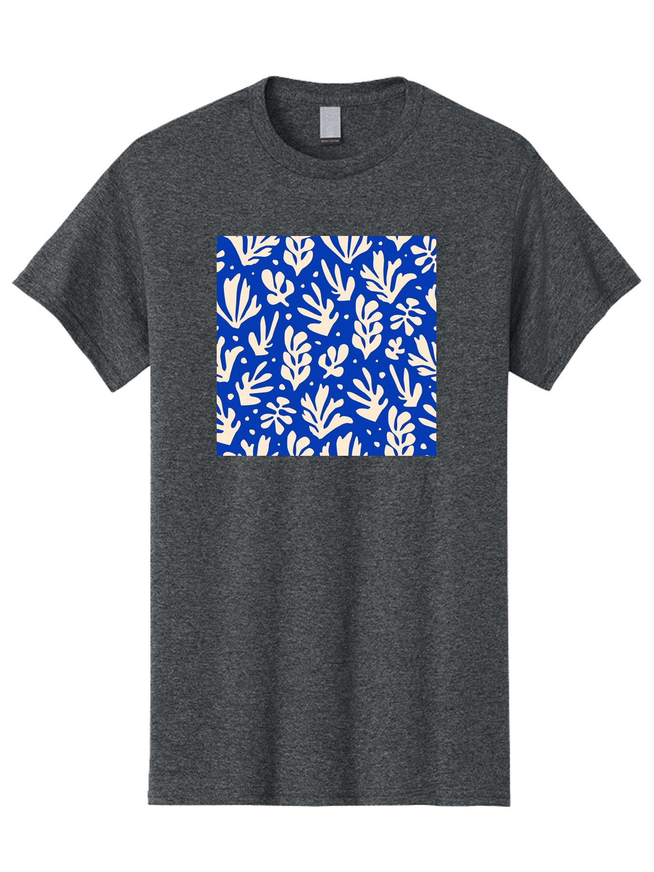 Blue-Floral-Pattern Men'S Graphic Tee, 100% Cotton, Comfortable Casual Summer Wear, Machine Washable, Floral Pattern, Leaf Design, Botanical Elements, Blue Background, Cream-Colored Flowers, Abstract Foliage, Repeating Design, Aab605 5
