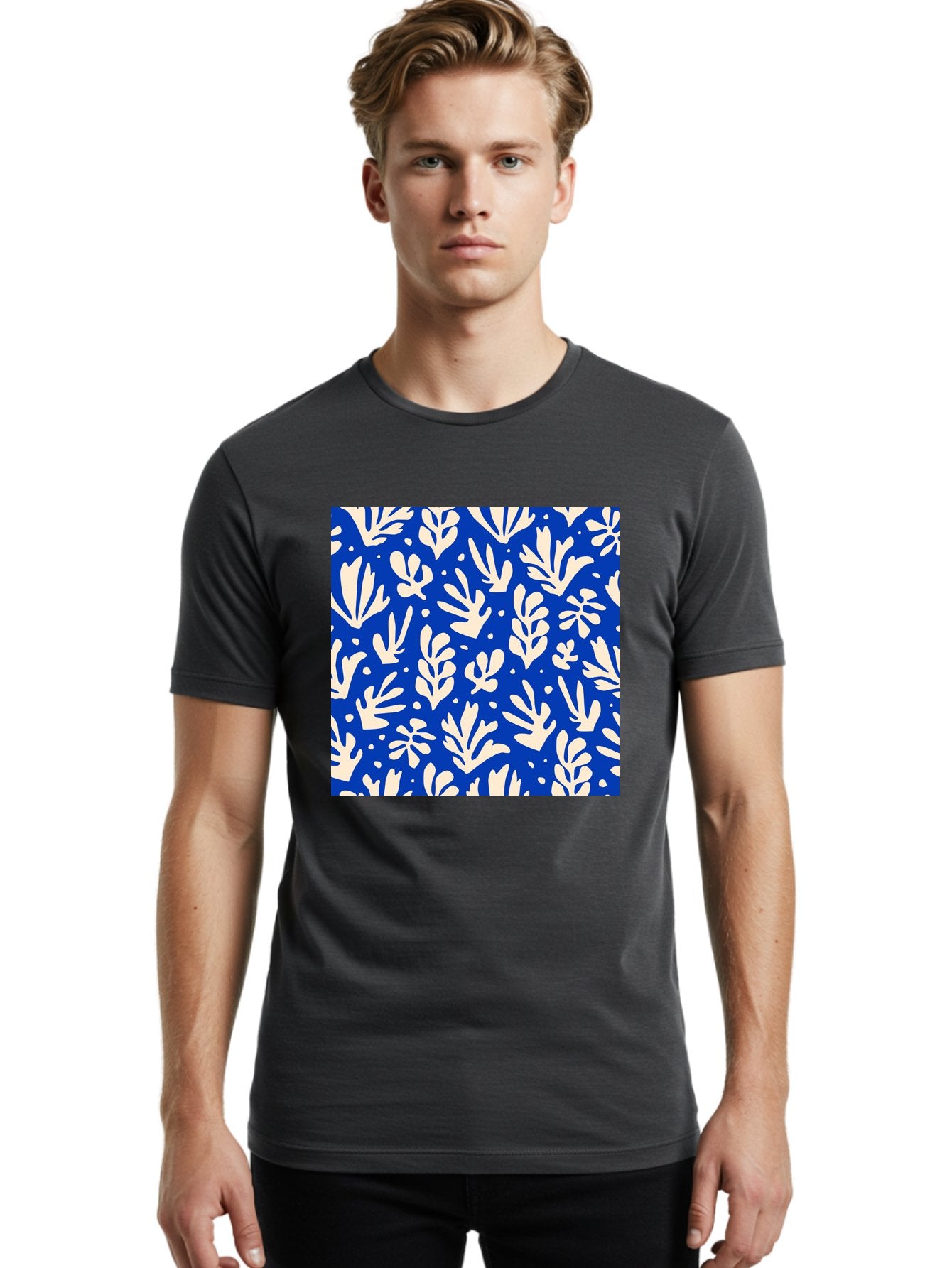 Blue-Floral-Pattern Men'S Graphic Tee, 100% Cotton, Comfortable Casual Summer Wear, Machine Washable, Floral Pattern, Leaf Design, Botanical Elements, Blue Background, Cream-Colored Flowers, Abstract Foliage, Repeating Design, Aab605 23
