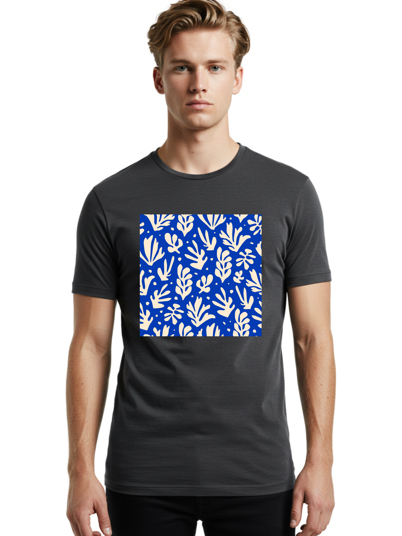Blue-Floral-Pattern Men'S Graphic Tee, 100% Cotton, Comfortable Casual Summer Wear, Machine Washable, Floral Pattern, Leaf Design, Botanical Elements, Blue Background, Cream-Colored Flowers, Abstract Foliage, Repeating Design, Aab605 16