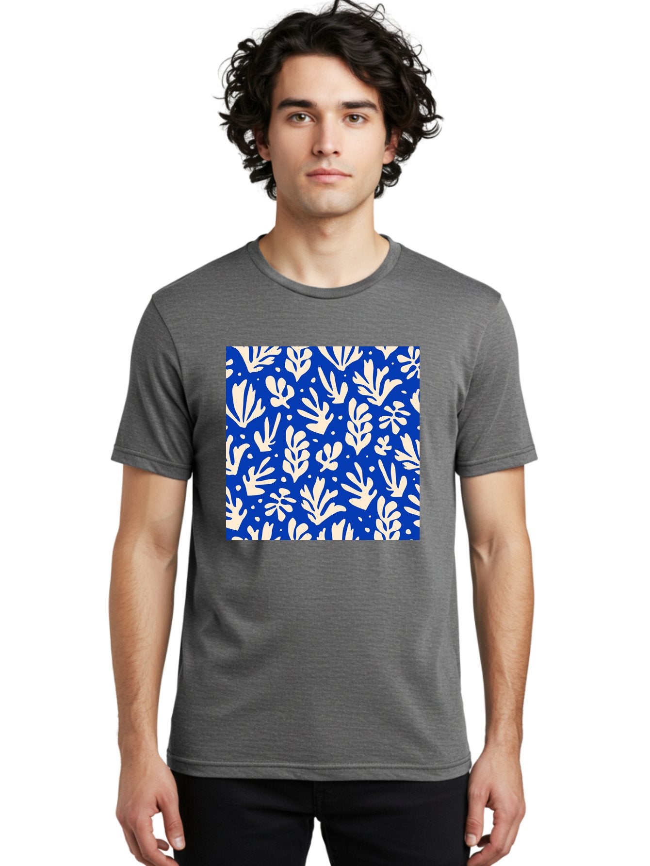 Blue-Floral-Pattern Men'S Graphic Tee, 100% Cotton, Comfortable Casual Summer Wear, Machine Washable, Floral Pattern, Leaf Design, Botanical Elements, Blue Background, Cream-Colored Flowers, Abstract Foliage, Repeating Design, Aab605 21