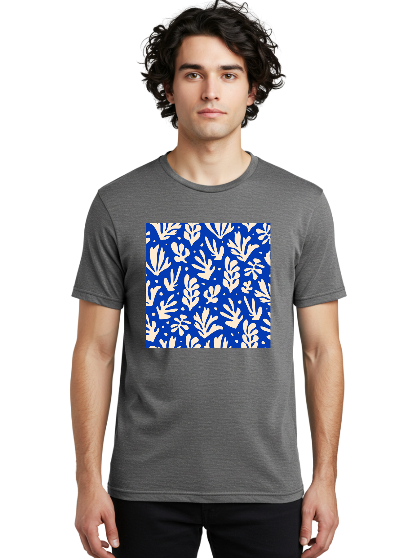 Blue-Floral-Pattern Men'S Graphic Tee, 100% Cotton, Comfortable Casual Summer Wear, Machine Washable, Floral Pattern, Leaf Design, Botanical Elements, Blue Background, Cream-Colored Flowers, Abstract Foliage, Repeating Design, Aab605 20