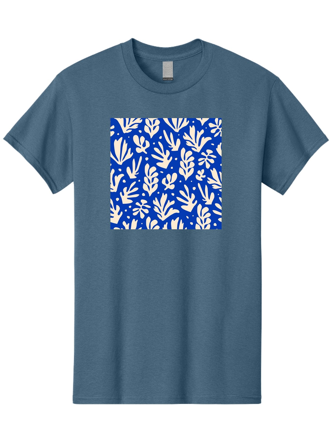 Blue-Floral-Pattern Men'S Graphic Tee, 100% Cotton, Comfortable Casual Summer Wear, Machine Washable, Floral Pattern, Leaf Design, Botanical Elements, Blue Background, Cream-Colored Flowers, Abstract Foliage, Repeating Design, Aab605 14