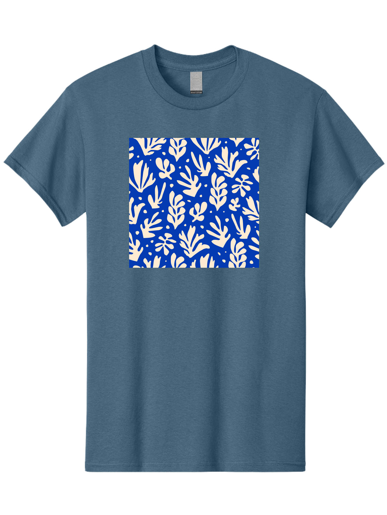 Blue-Floral-Pattern Men'S Graphic Tee, 100% Cotton, Comfortable Casual Summer Wear, Machine Washable, Floral Pattern, Leaf Design, Botanical Elements, Blue Background, Cream-Colored Flowers, Abstract Foliage, Repeating Design, Aab605 3