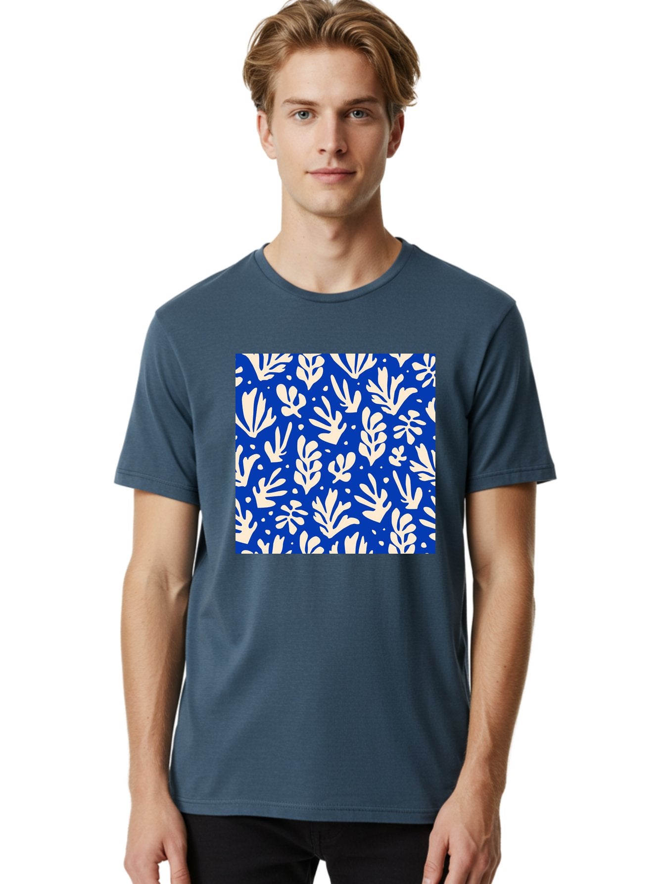 Blue-Floral-Pattern Men'S Graphic Tee, 100% Cotton, Comfortable Casual Summer Wear, Machine Washable, Floral Pattern, Leaf Design, Botanical Elements, Blue Background, Cream-Colored Flowers, Abstract Foliage, Repeating Design, Aab605 29