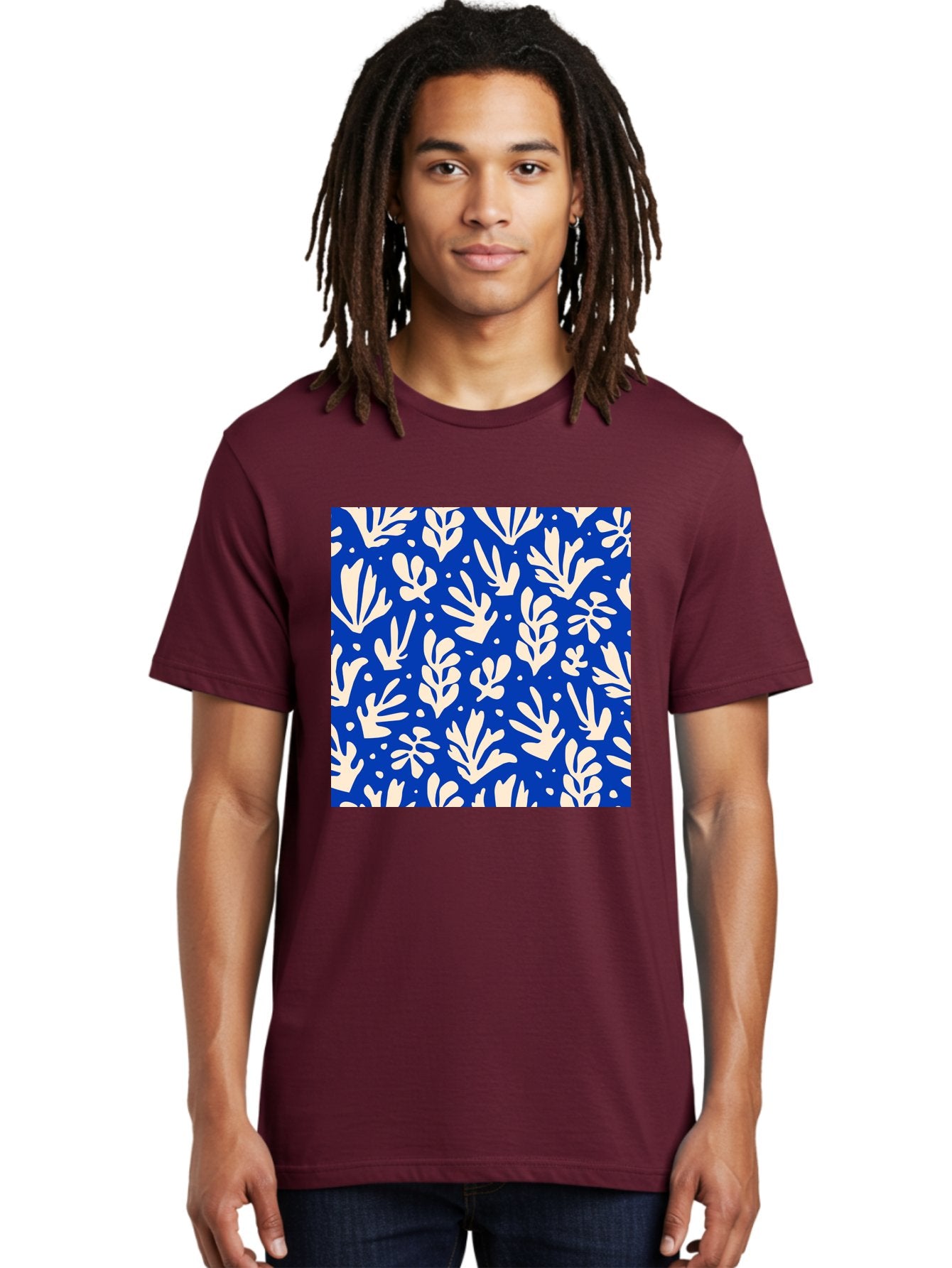 Blue-Floral-Pattern Men'S Graphic Tee, 100% Cotton, Comfortable Casual Summer Wear, Machine Washable, Floral Pattern, Leaf Design, Botanical Elements, Blue Background, Cream-Colored Flowers, Abstract Foliage, Repeating Design, Aab605 19