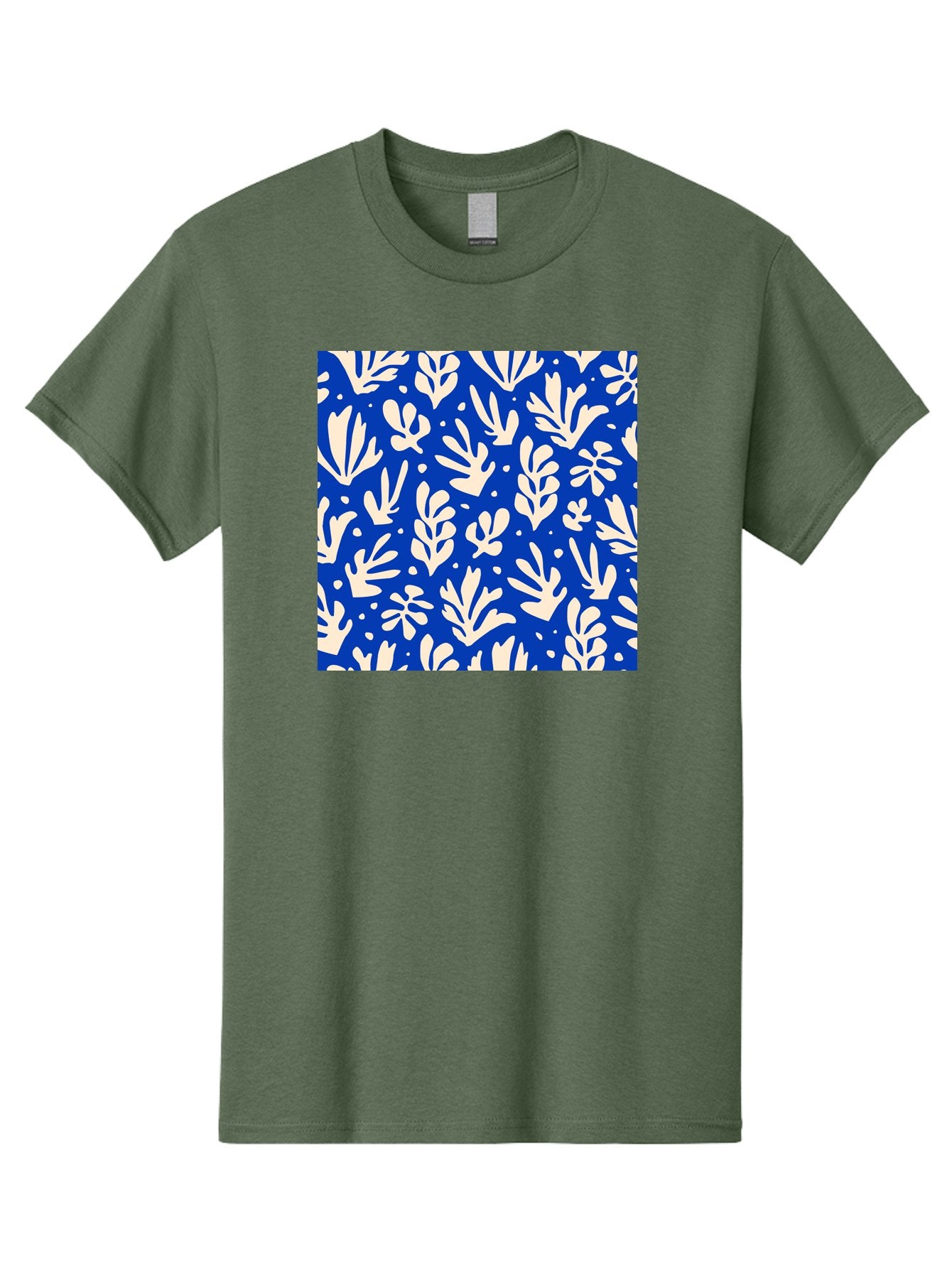 Blue-Floral-Pattern Men'S Graphic Tee, 100% Cotton, Comfortable Casual Summer Wear, Machine Washable, Floral Pattern, Leaf Design, Botanical Elements, Blue Background, Cream-Colored Flowers, Abstract Foliage, Repeating Design, Aab605 10