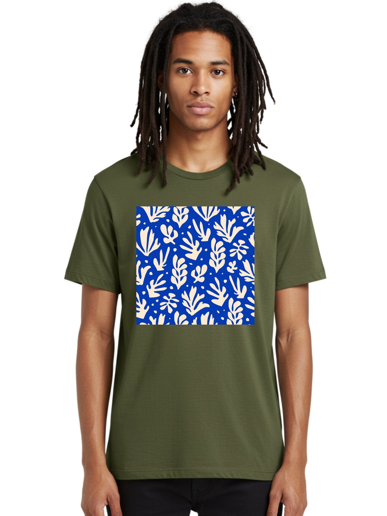 Blue-Floral-Pattern Men'S Graphic Tee, 100% Cotton, Comfortable Casual Summer Wear, Machine Washable, Floral Pattern, Leaf Design, Botanical Elements, Blue Background, Cream-Colored Flowers, Abstract Foliage, Repeating Design, Aab605 17