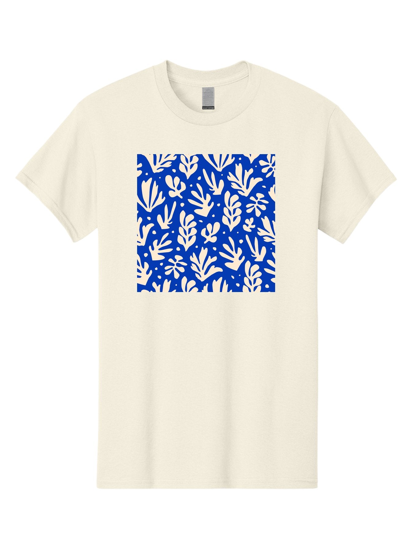 Blue-Floral-Pattern Men'S Graphic Tee, 100% Cotton, Comfortable Casual Summer Wear, Machine Washable, Floral Pattern, Leaf Design, Botanical Elements, Blue Background, Cream-Colored Flowers, Abstract Foliage, Repeating Design, Aab605 7