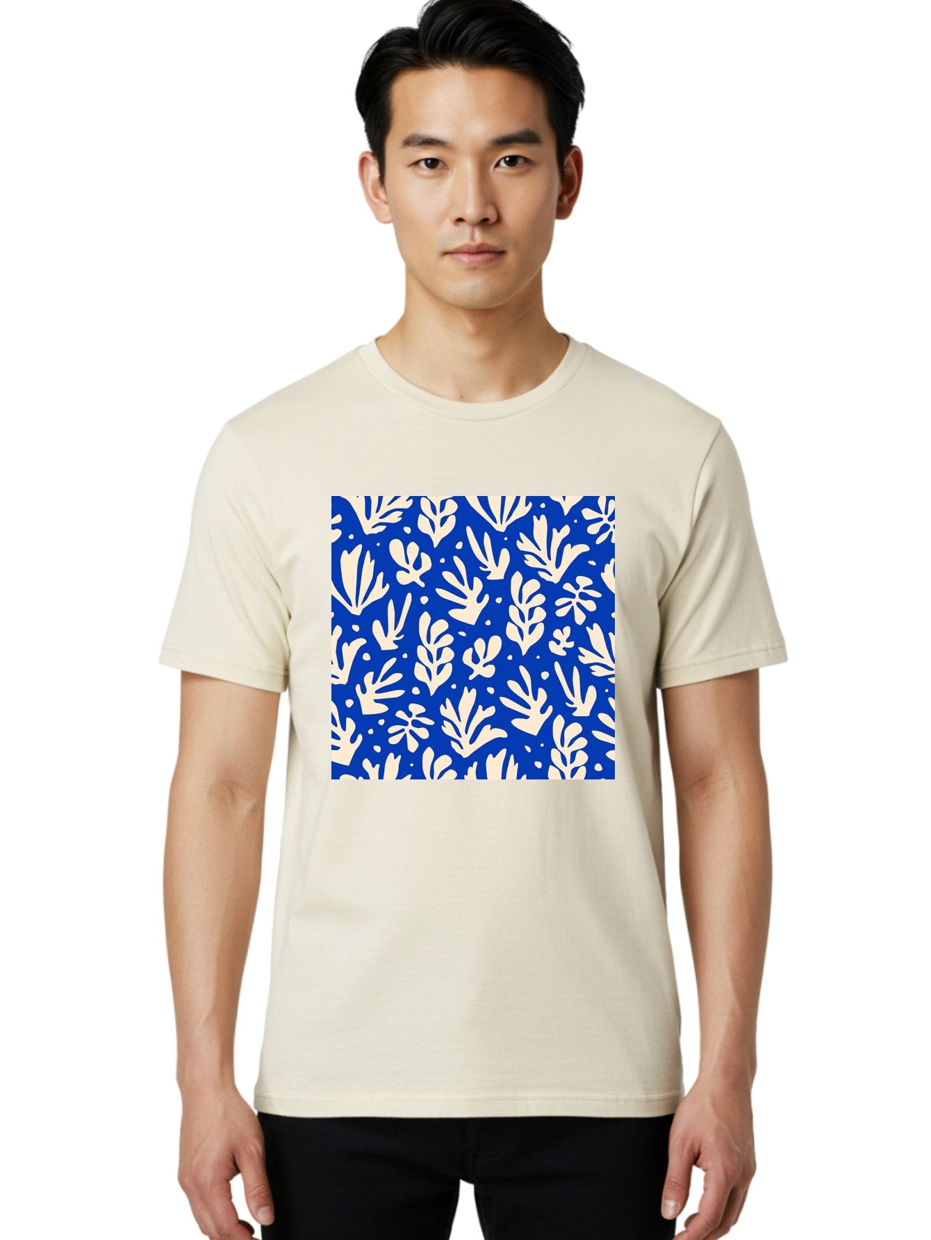 Blue-Floral-Pattern Men'S Graphic Tee, 100% Cotton, Comfortable Casual Summer Wear, Machine Washable, Floral Pattern, Leaf Design, Botanical Elements, Blue Background, Cream-Colored Flowers, Abstract Foliage, Repeating Design, Aab605 16