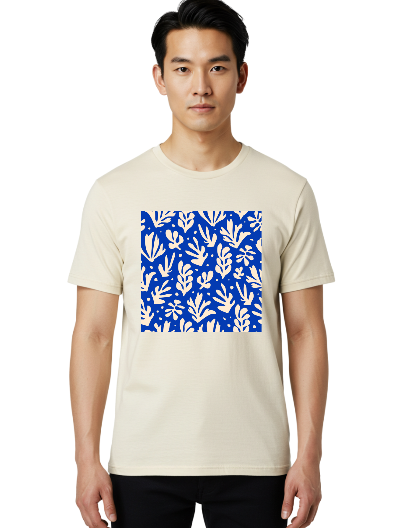 Blue-Floral-Pattern Men'S Graphic Tee, 100% Cotton, Comfortable Casual Summer Wear, Machine Washable, Floral Pattern, Leaf Design, Botanical Elements, Blue Background, Cream-Colored Flowers, Abstract Foliage, Repeating Design, Aab605 26
