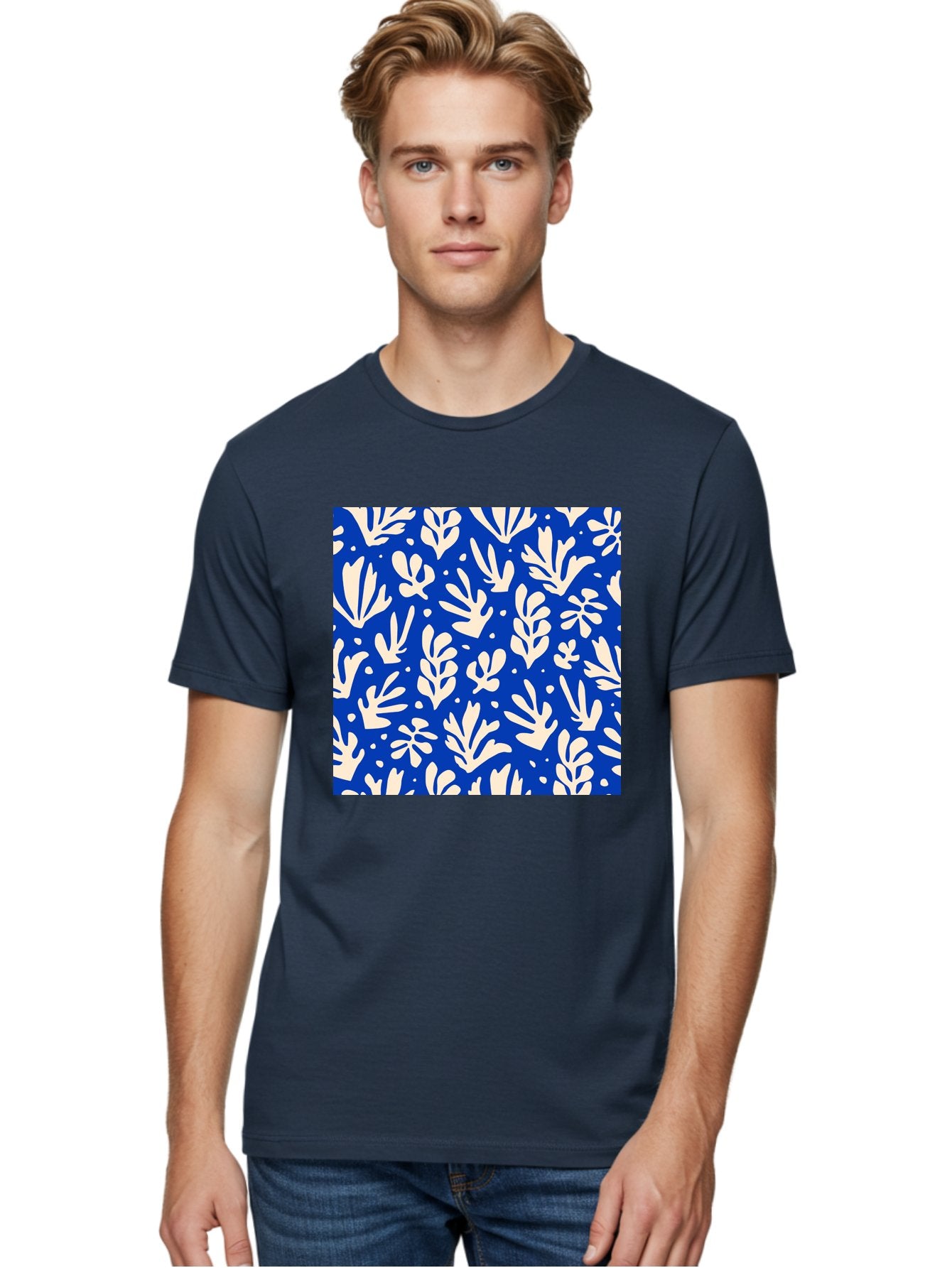 Blue-Floral-Pattern Men'S Graphic Tee, 100% Cotton, Comfortable Casual Summer Wear, Machine Washable, Floral Pattern, Leaf Design, Botanical Elements, Blue Background, Cream-Colored Flowers, Abstract Foliage, Repeating Design, Aab605 20