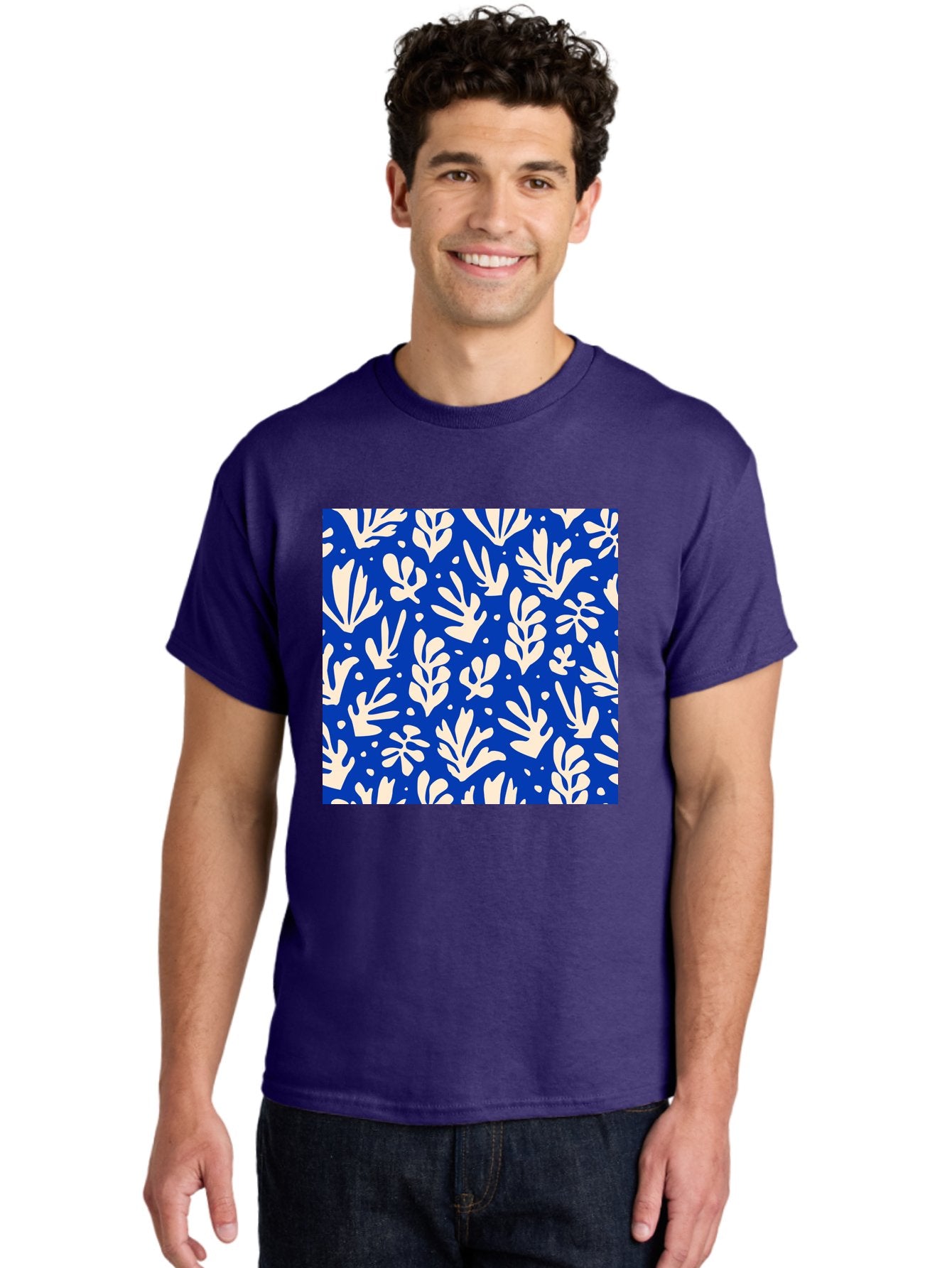 Blue-Floral-Pattern Men'S Graphic Tee, 100% Cotton, Comfortable Casual Summer Wear, Machine Washable, Floral Pattern, Leaf Design, Botanical Elements, Blue Background, Cream-Colored Flowers, Abstract Foliage, Repeating Design, Aab605 26