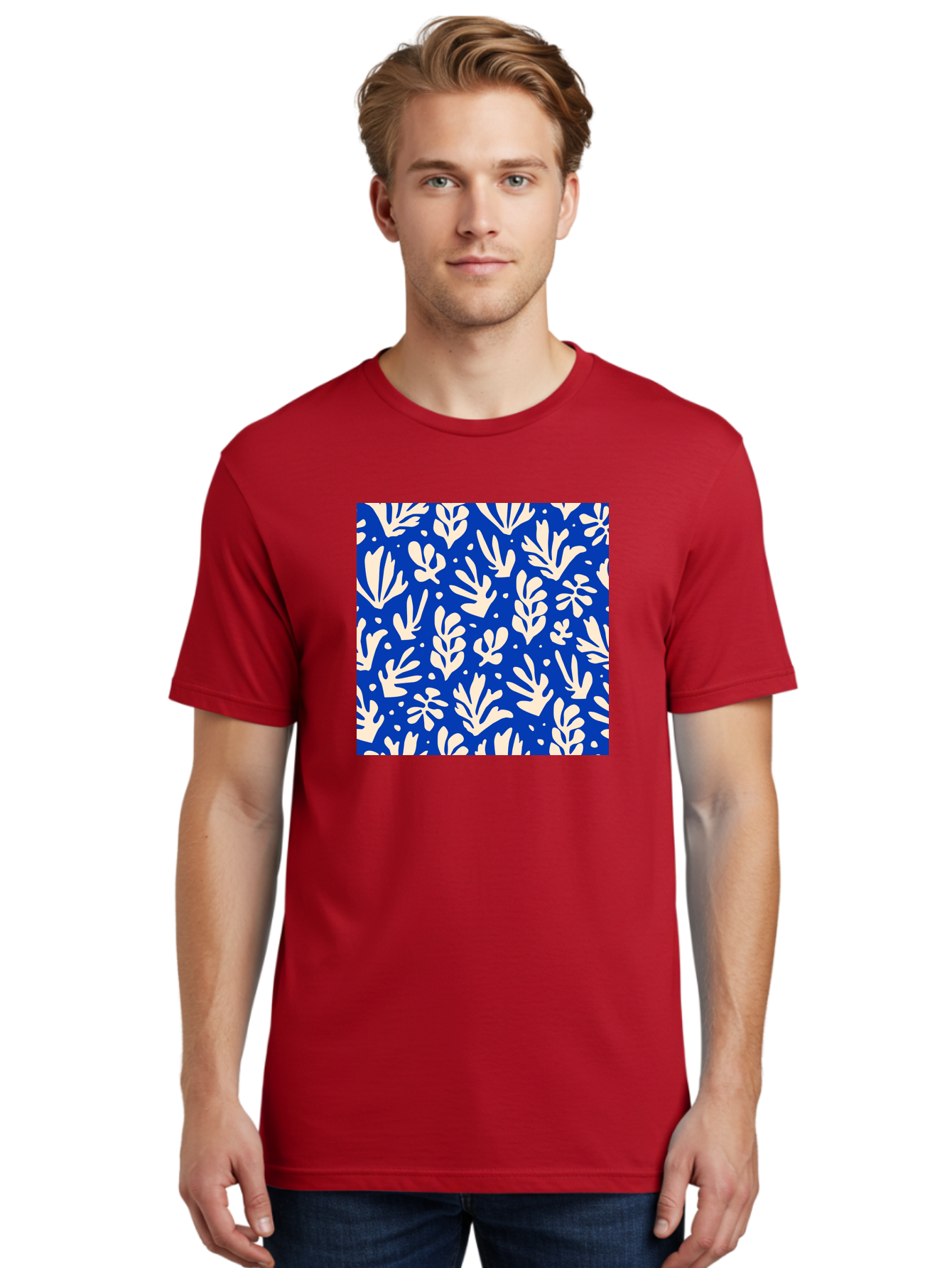 Blue-Floral-Pattern Men'S Graphic Tee, 100% Cotton, Comfortable Casual Summer Wear, Machine Washable, Floral Pattern, Leaf Design, Botanical Elements, Blue Background, Cream-Colored Flowers, Abstract Foliage, Repeating Design, Aab605 18