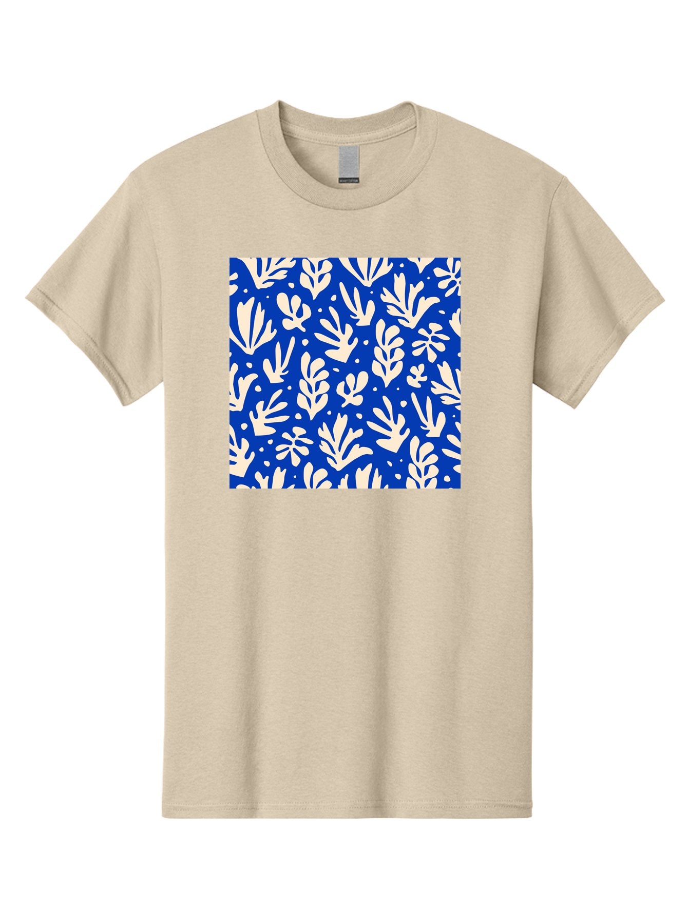 Blue-Floral-Pattern Men'S Graphic Tee, 100% Cotton, Comfortable Casual Summer Wear, Machine Washable, Floral Pattern, Leaf Design, Botanical Elements, Blue Background, Cream-Colored Flowers, Abstract Foliage, Repeating Design, Aab605 11
