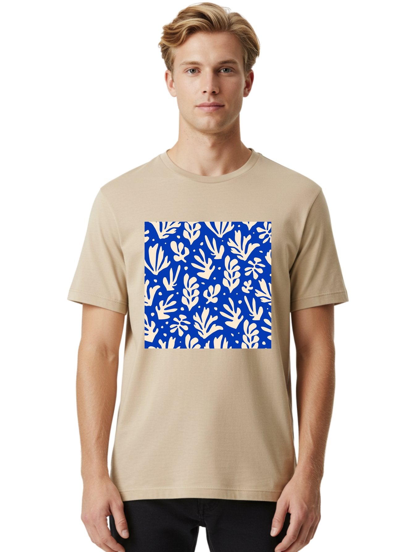 Blue-Floral-Pattern Men'S Graphic Tee, 100% Cotton, Comfortable Casual Summer Wear, Machine Washable, Floral Pattern, Leaf Design, Botanical Elements, Blue Background, Cream-Colored Flowers, Abstract Foliage, Repeating Design, Aab605 27