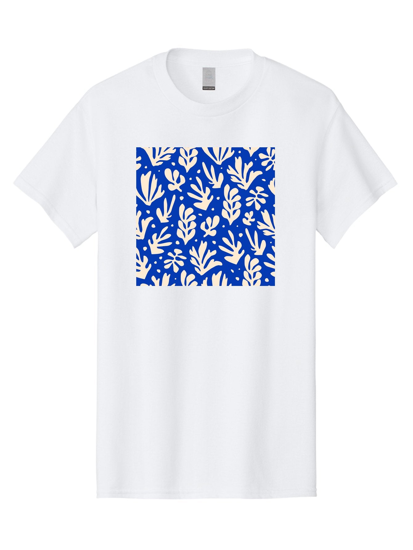 Blue-Floral-Pattern Men'S Graphic Tee, 100% Cotton, Comfortable Casual Summer Wear, Machine Washable, Floral Pattern, Leaf Design, Botanical Elements, Blue Background, Cream-Colored Flowers, Abstract Foliage, Repeating Design, Aab605 15