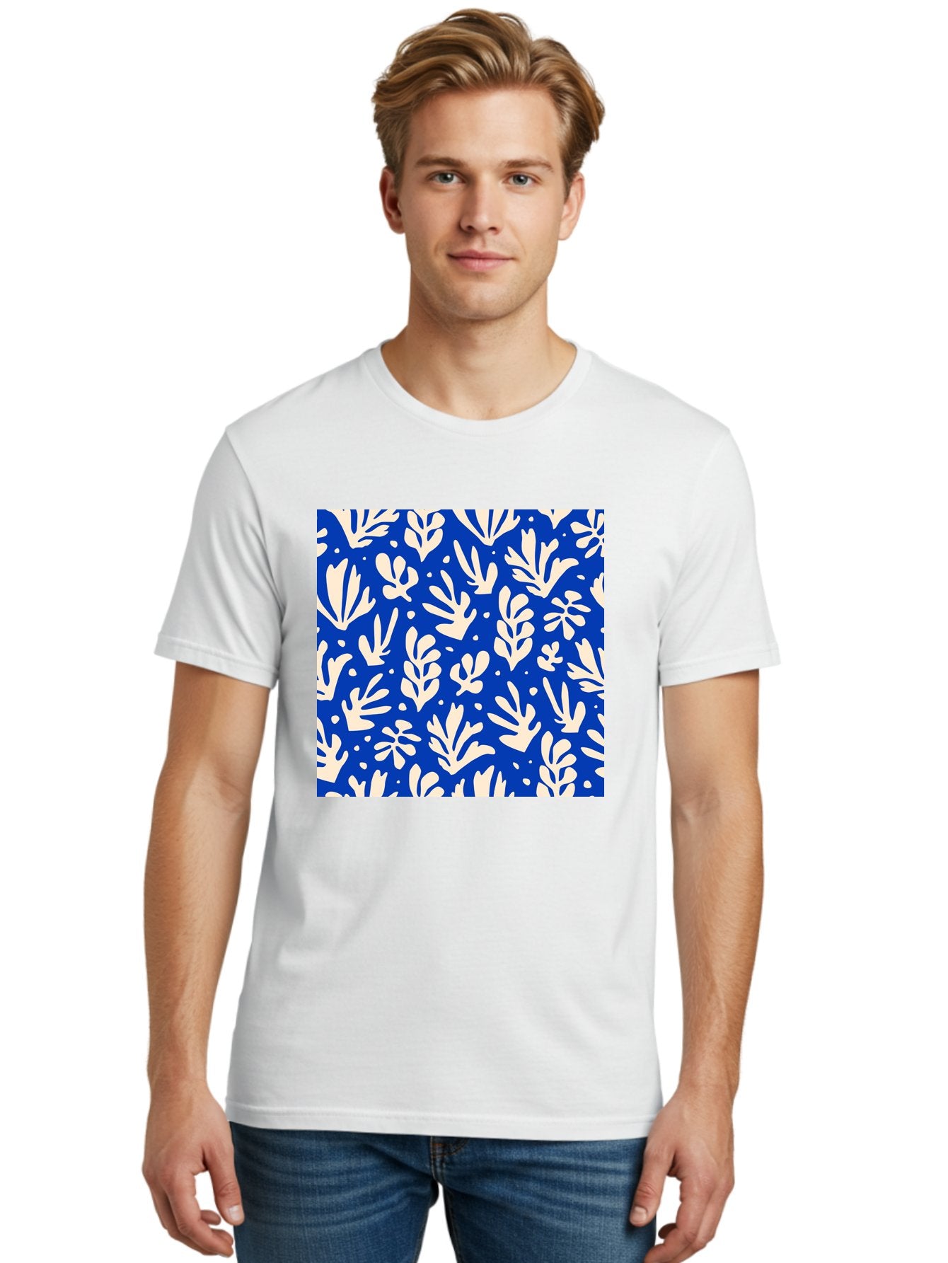 Blue-Floral-Pattern Men'S Graphic Tee, 100% Cotton, Comfortable Casual Summer Wear, Machine Washable, Floral Pattern, Leaf Design, Botanical Elements, Blue Background, Cream-Colored Flowers, Abstract Foliage, Repeating Design, Aab605 30