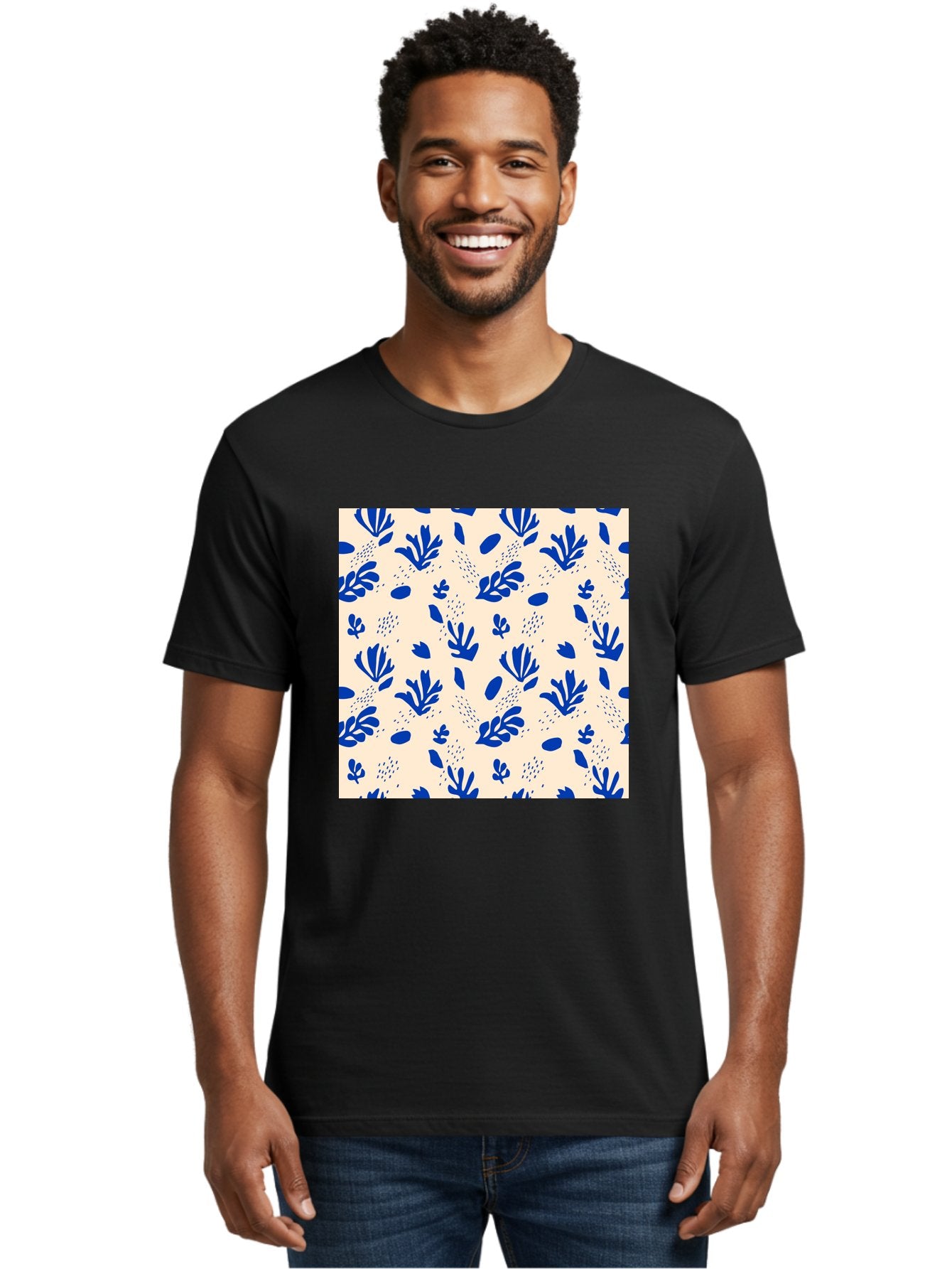 Blue-Florals Men'S Graphic Tee, 100% Cotton, Comfortable Casual Summer Wear, Machine Washable, Blue Flowers, Floral Pattern, Abstract Design, Minimalist Style, Botanical Elements, Decorative Motifs, Cream Background, Hand Drawn, Aab606 25