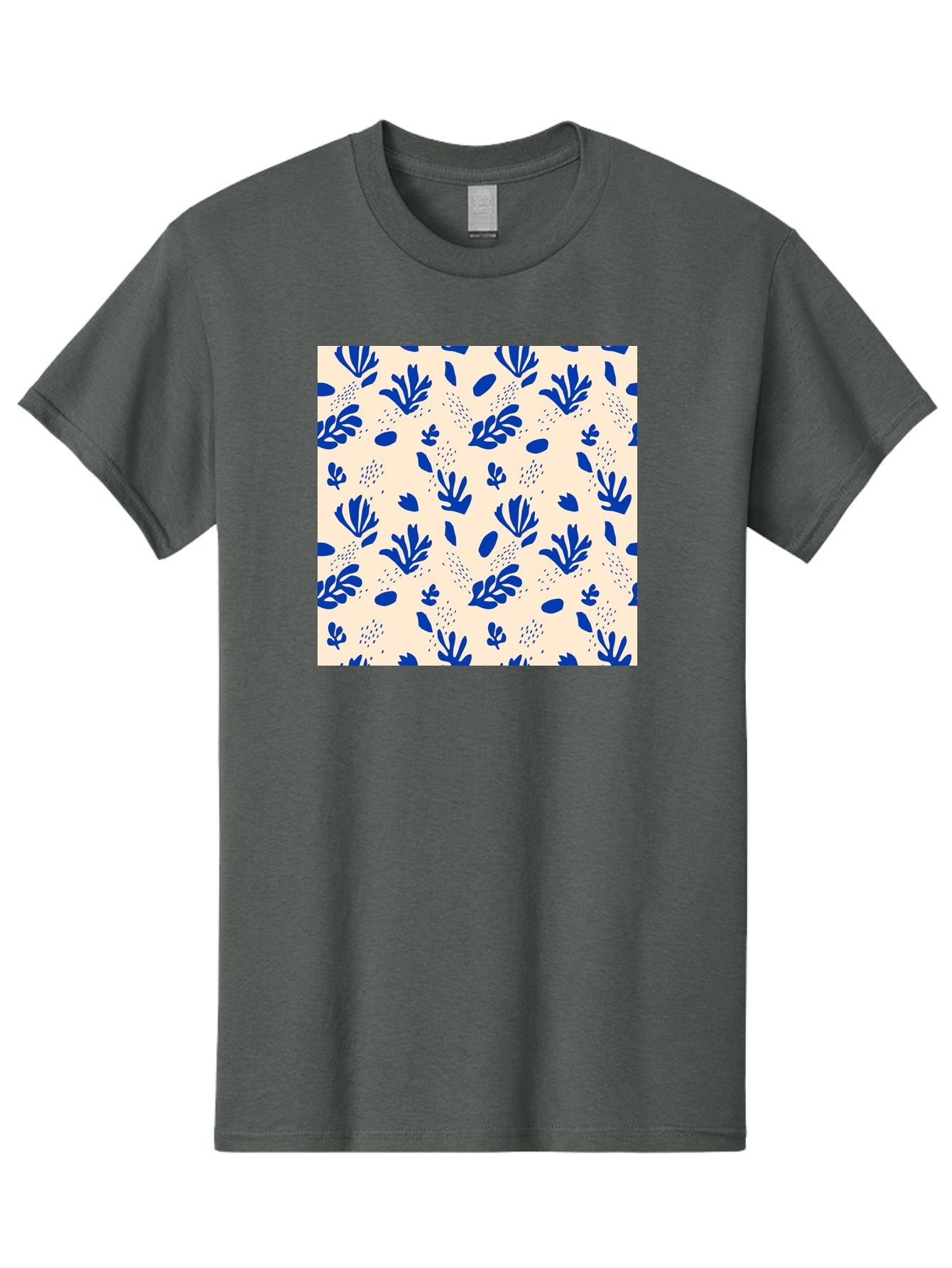 Blue-Florals Men'S Graphic Tee, 100% Cotton, Comfortable Casual Summer Wear, Machine Washable, Blue Flowers, Floral Pattern, Abstract Design, Minimalist Style, Botanical Elements, Decorative Motifs, Cream Background, Hand Drawn, Aab606