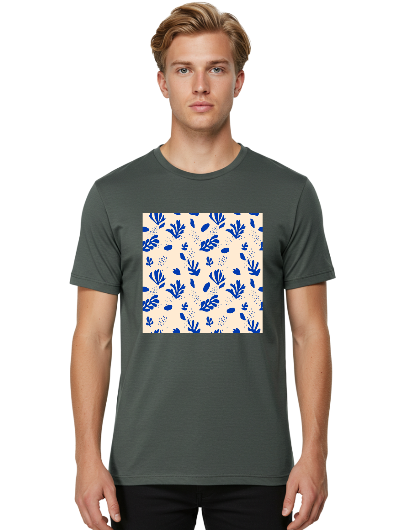 Blue-Florals Men'S Graphic Tee, 100% Cotton, Comfortable Casual Summer Wear, Machine Washable, Blue Flowers, Floral Pattern, Abstract Design, Minimalist Style, Botanical Elements, Decorative Motifs, Cream Background, Hand Drawn, Aab606 22