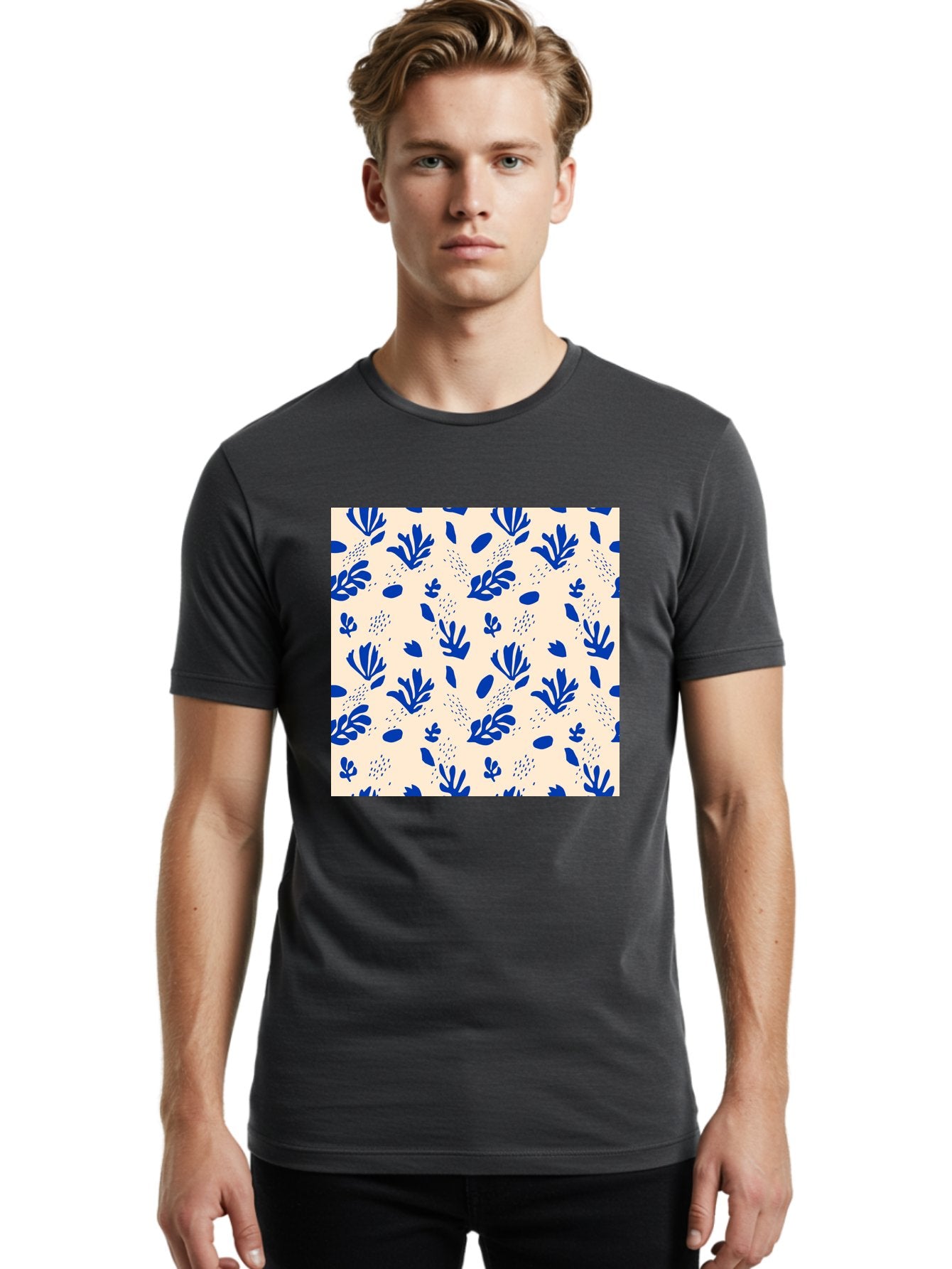 Blue-Florals Men'S Graphic Tee, 100% Cotton, Comfortable Casual Summer Wear, Machine Washable, Blue Flowers, Floral Pattern, Abstract Design, Minimalist Style, Botanical Elements, Decorative Motifs, Cream Background, Hand Drawn, Aab606 28