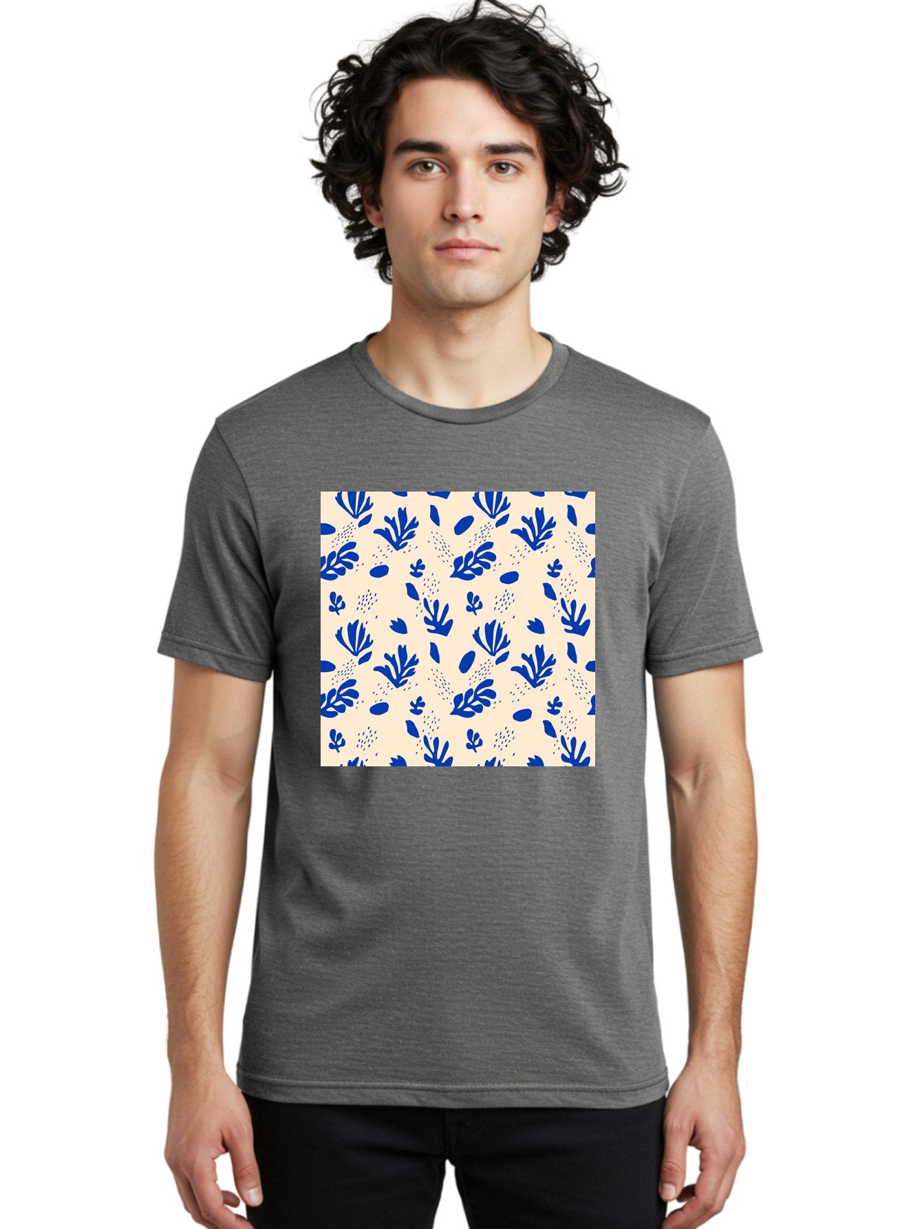 Blue-Florals Men'S Graphic Tee, 100% Cotton, Comfortable Casual Summer Wear, Machine Washable, Blue Flowers, Floral Pattern, Abstract Design, Minimalist Style, Botanical Elements, Decorative Motifs, Cream Background, Hand Drawn, Aab606 30