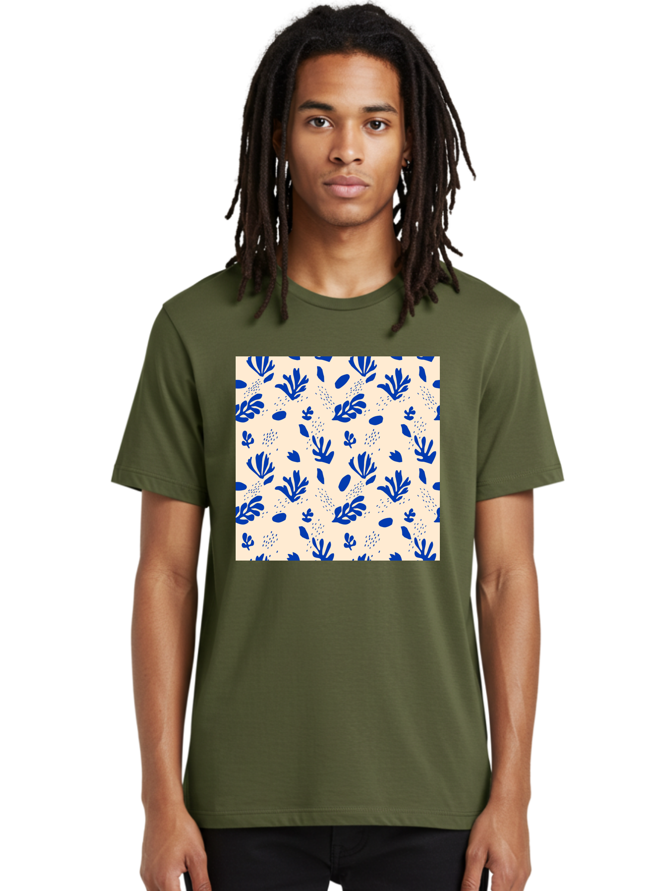 Blue-Florals Men'S Graphic Tee, 100% Cotton, Comfortable Casual Summer Wear, Machine Washable, Blue Flowers, Floral Pattern, Abstract Design, Minimalist Style, Botanical Elements, Decorative Motifs, Cream Background, Hand Drawn, Aab606 10